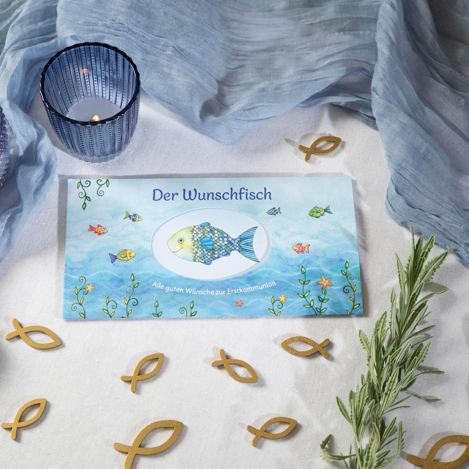 Beispielinhalt (Bild) Der Wunschfisch. Alle guten Wünsche zur Erstkommunion - Kuvert für ein Geld- und Gutscheingeschenk
