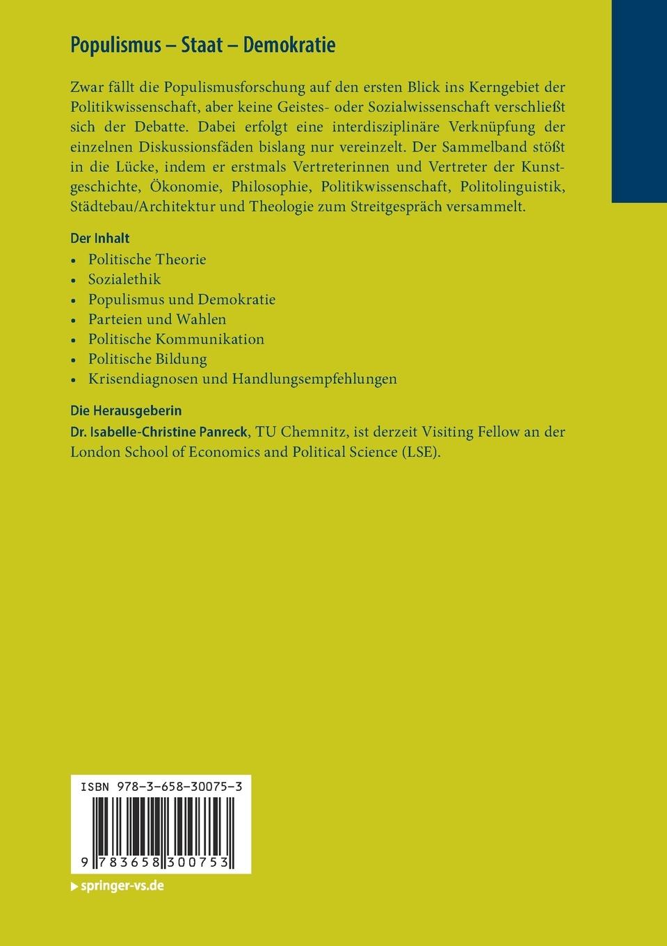 Rückseitencover Populismus - Staat - Demokratie