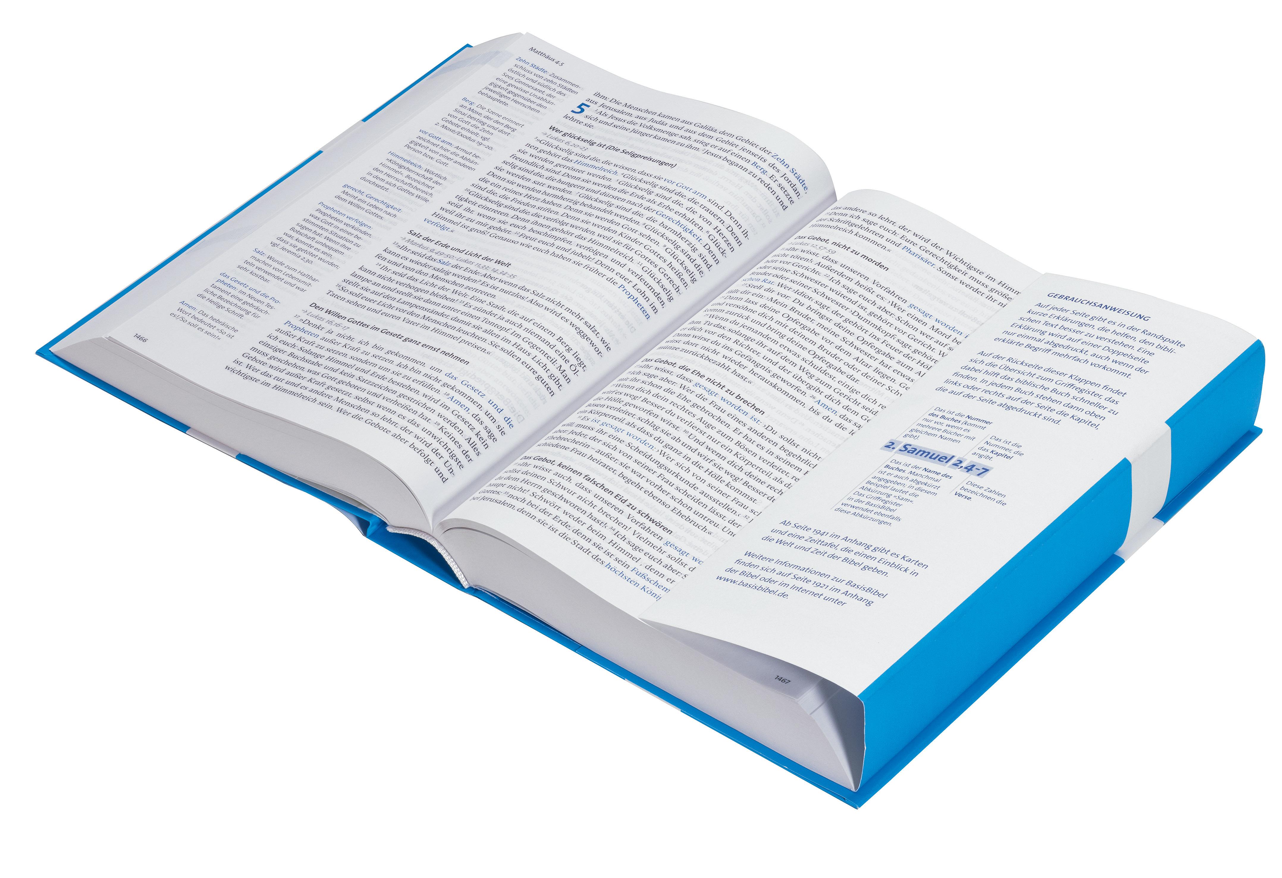 Beispielinhalt (Bild) Basisbibel. Die Kompakte. Blau. Der moderne Bibel-Standard: neue Bibelübersetzung des AT und NT nach den Urtexten mit umfangreichen Erklärungen. Leicht lesbares Layout. In 3 modernen Farben erhältlich.