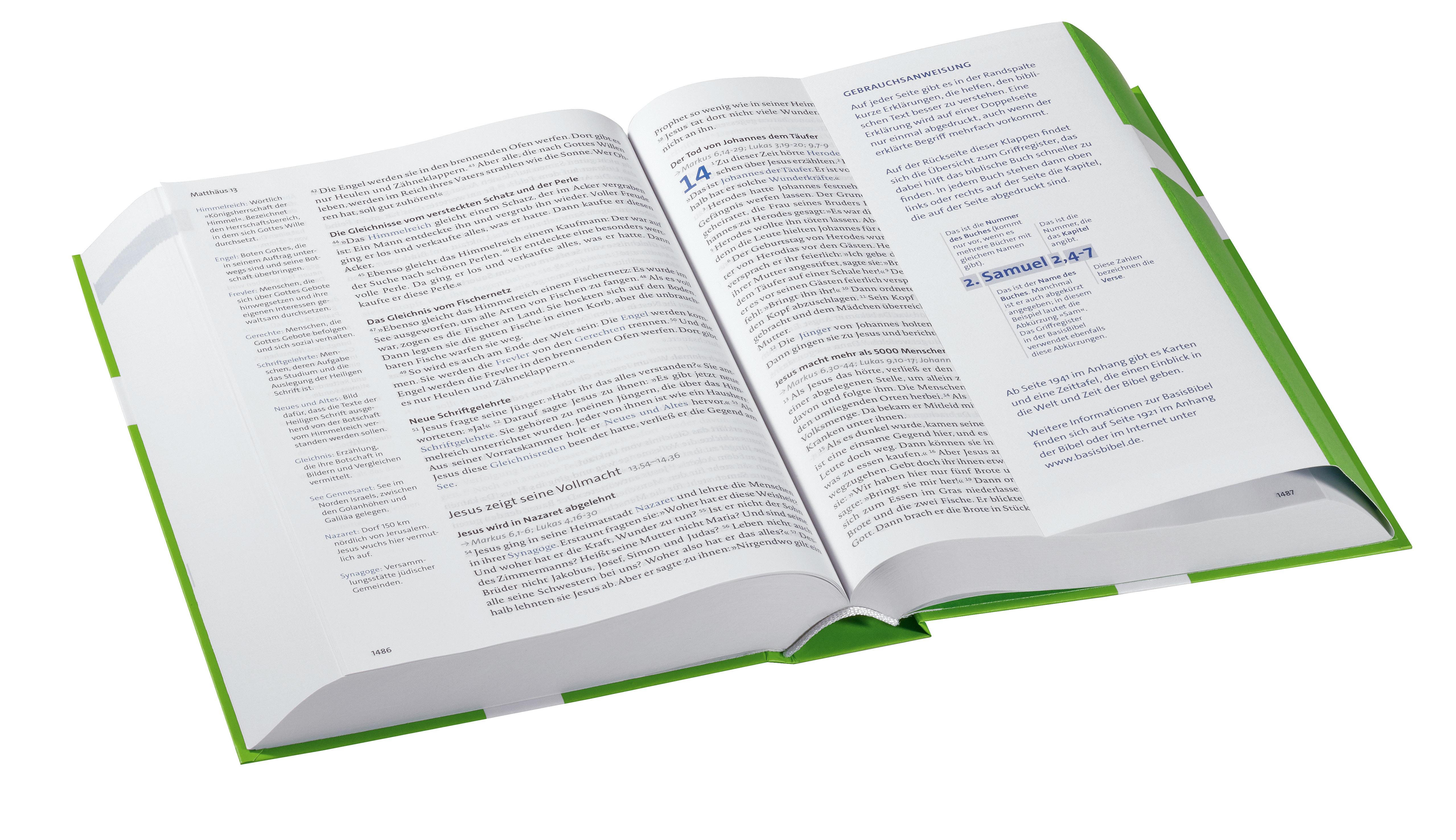 Beispielinhalt (Bild) Basisbibel. Die Kompakte. Grün. Der moderne Bibel-Standard: neue Bibelübersetzung des AT und NT nach den Urtexten mit umfangreichen Erklärungen. Leicht lesbares Layout. In 3 modernen Farben erhältlich.