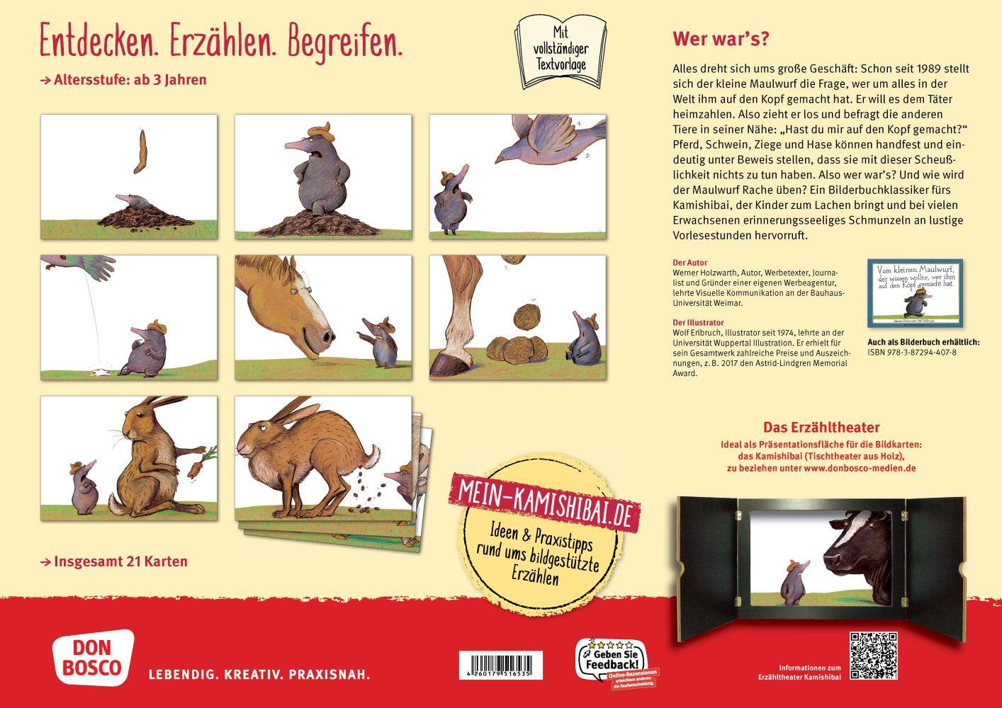 Beispielinhalt (Bild) Vom kleinen Maulwurf, der wissen wollte, wer ihm auf den Kopf gemacht hat. Kamishibai Bildkartenset