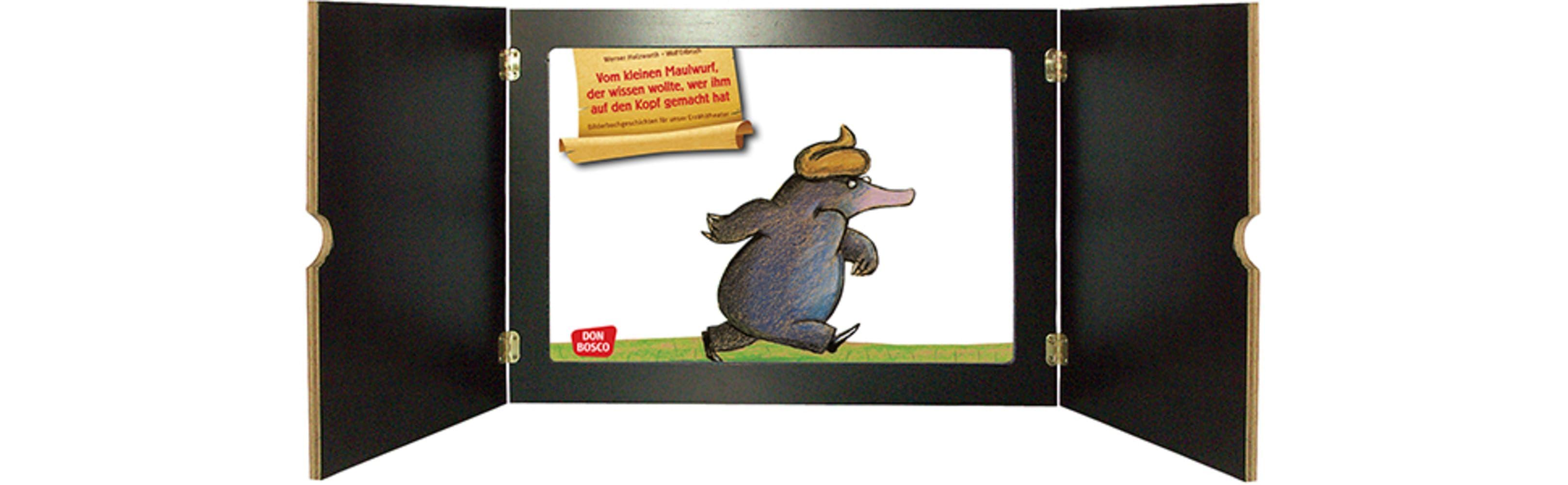 Beispielinhalt (Bild) Vom kleinen Maulwurf, der wissen wollte, wer ihm auf den Kopf gemacht hat. Kamishibai Bildkartenset