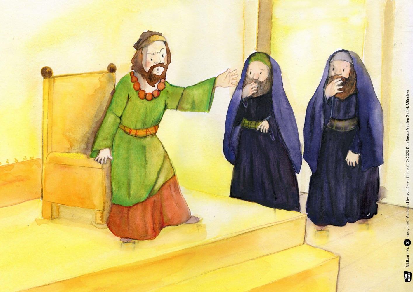 Beispielinhalt (Bild) Josef, Maria und Jesus müssen fliehen. Kamishibai Bildkartenset