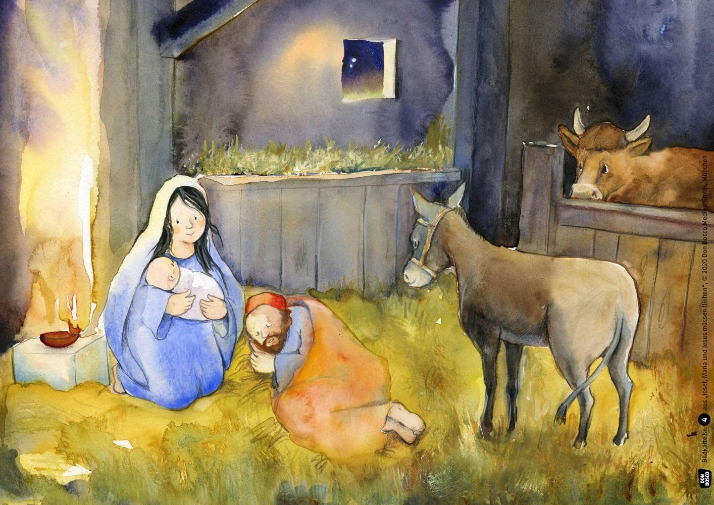 Beispielinhalt (Bild) Josef, Maria und Jesus müssen fliehen. Kamishibai Bildkartenset