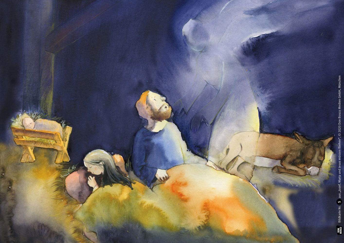 Beispielinhalt (Bild) Josef, Maria und Jesus müssen fliehen. Kamishibai Bildkartenset