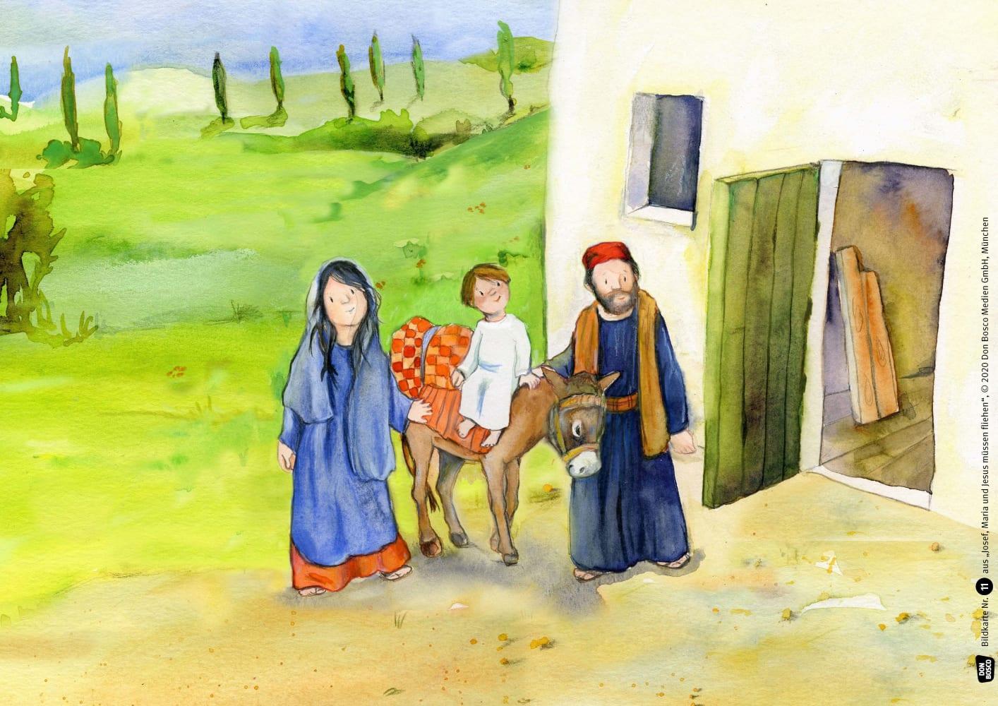 Beispielinhalt (Bild) Josef, Maria und Jesus müssen fliehen. Kamishibai Bildkartenset