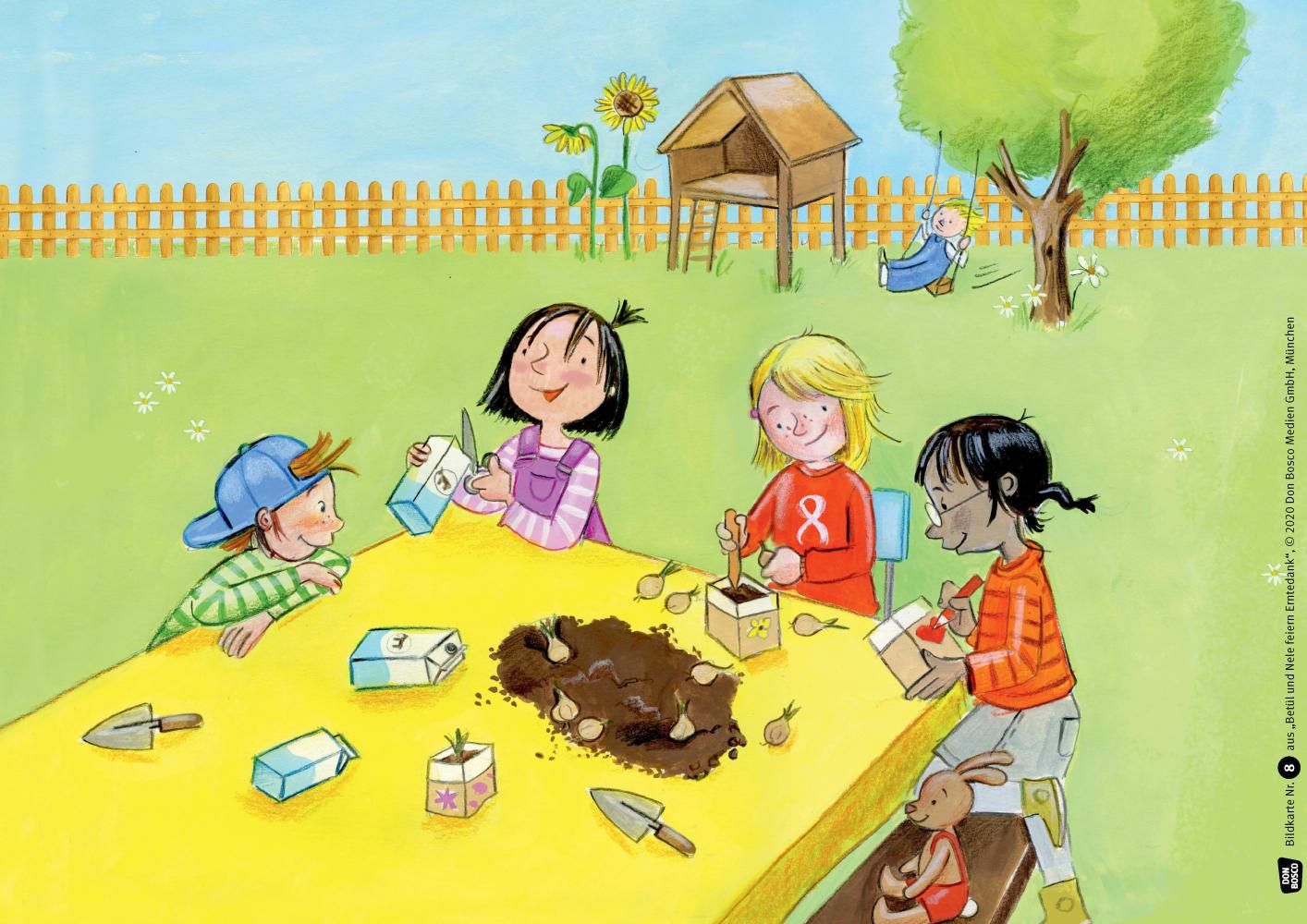 Beispielinhalt (Bild) Betül und Nele feiern Erntedank. Kamishibai Bildkartenset.