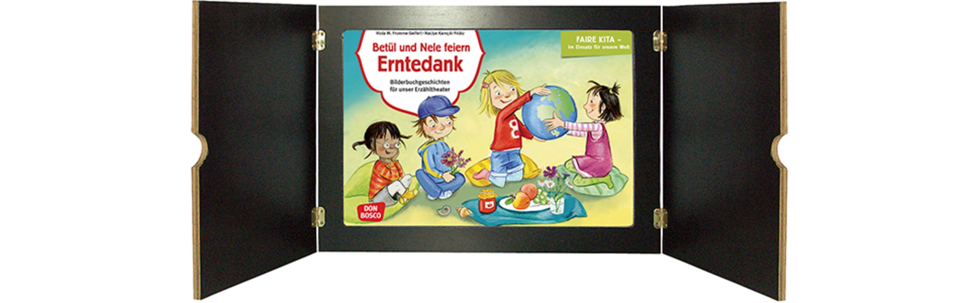 Beispielinhalt (Bild) Betül und Nele feiern Erntedank. Kamishibai Bildkartenset.