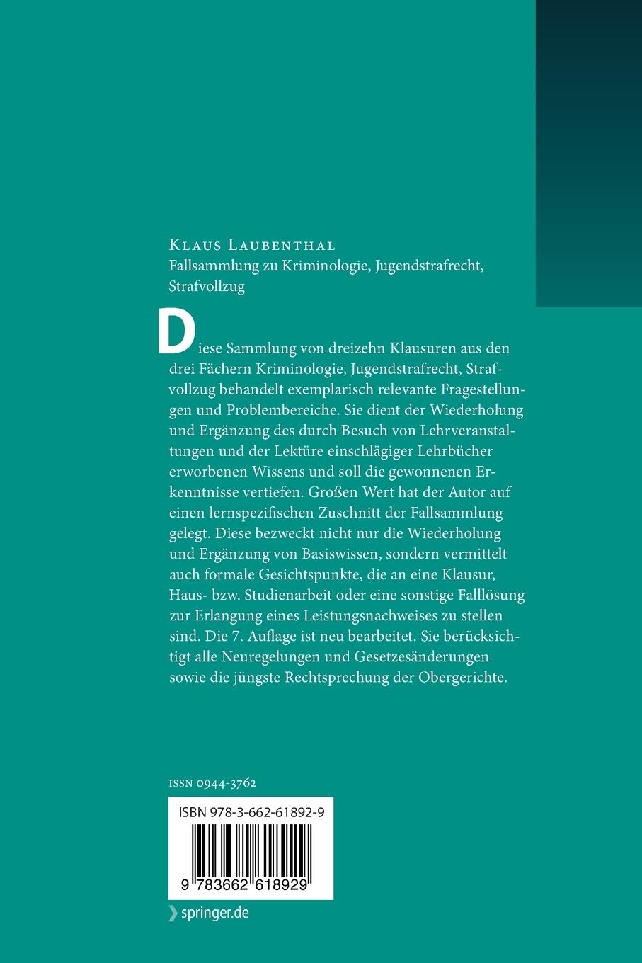 Rückseitencover Fallsammlung zu Kriminologie, Jugendstrafrecht, Strafvollzug