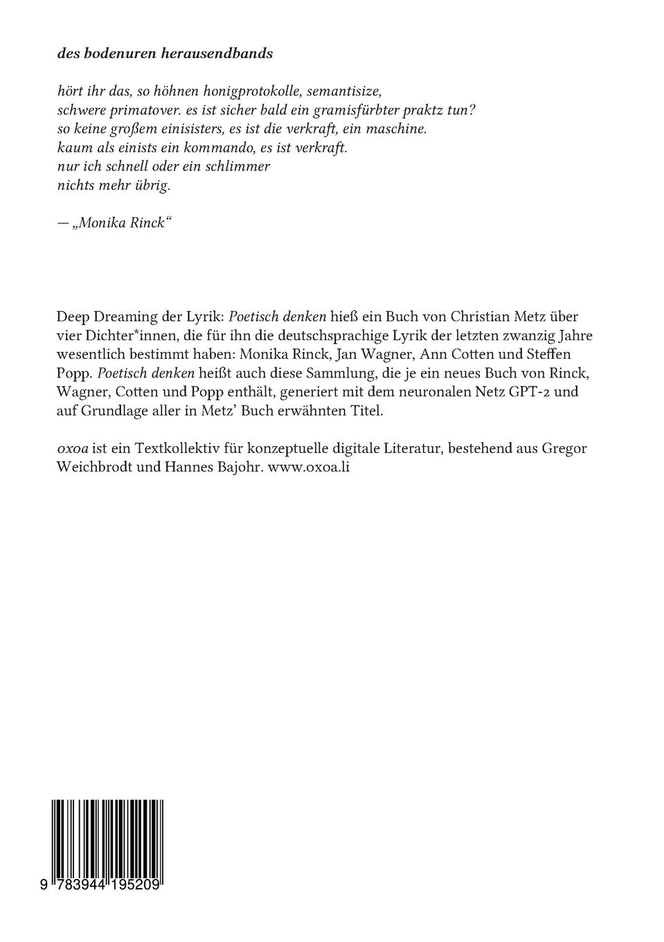 Rückseitencover Poetisch denken 1: Monika Rinck
