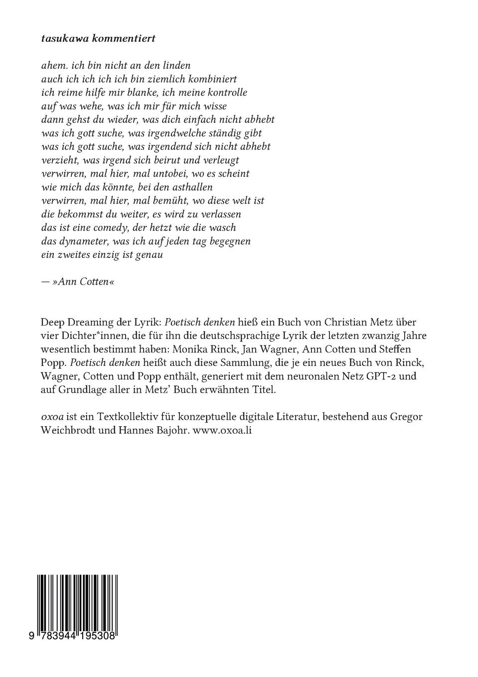 Rückseitencover Poetisch denken 3: Ann Cotten