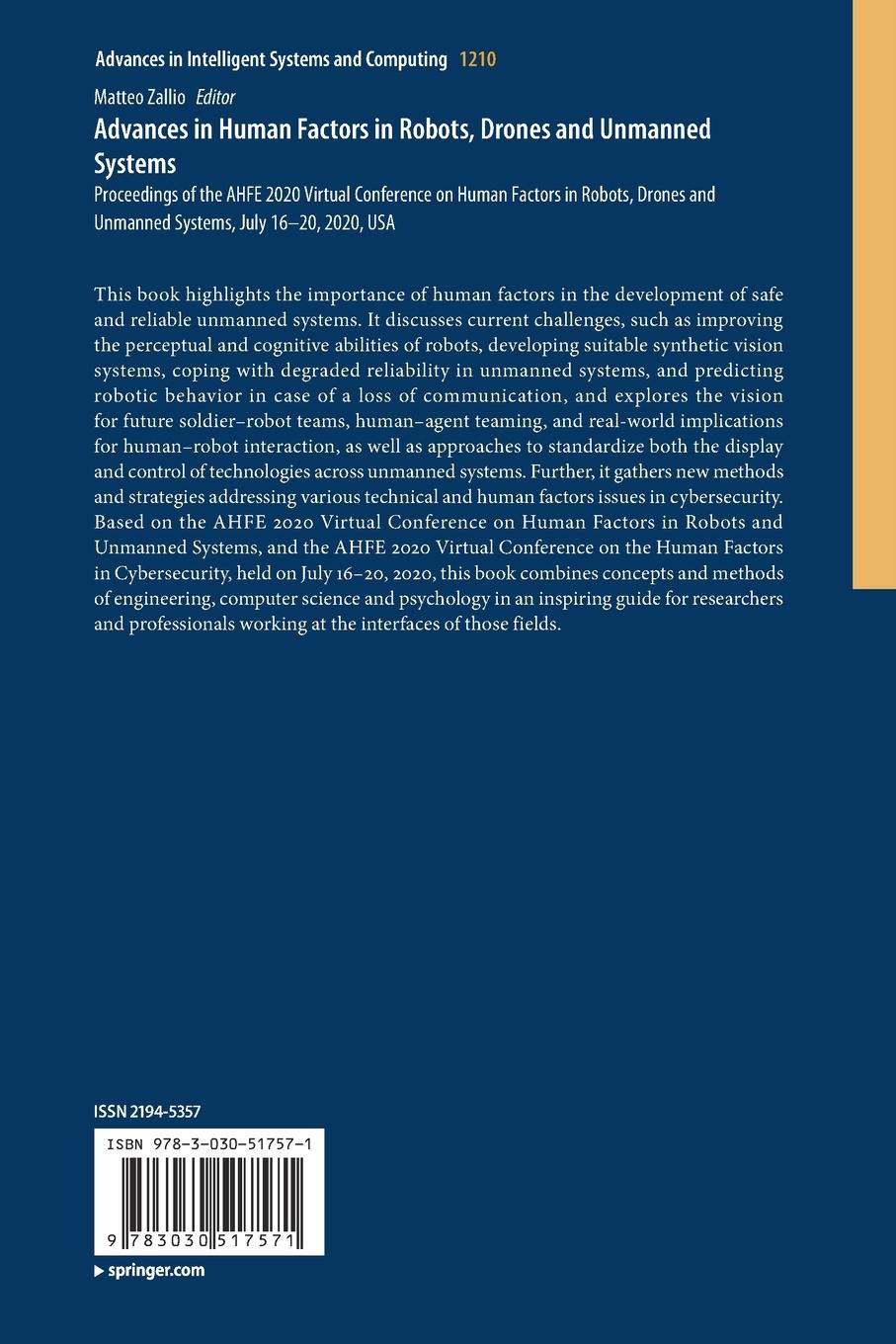 Rückseitencover Advances in Human Factors in Robots, Drones and Unmanned Systems