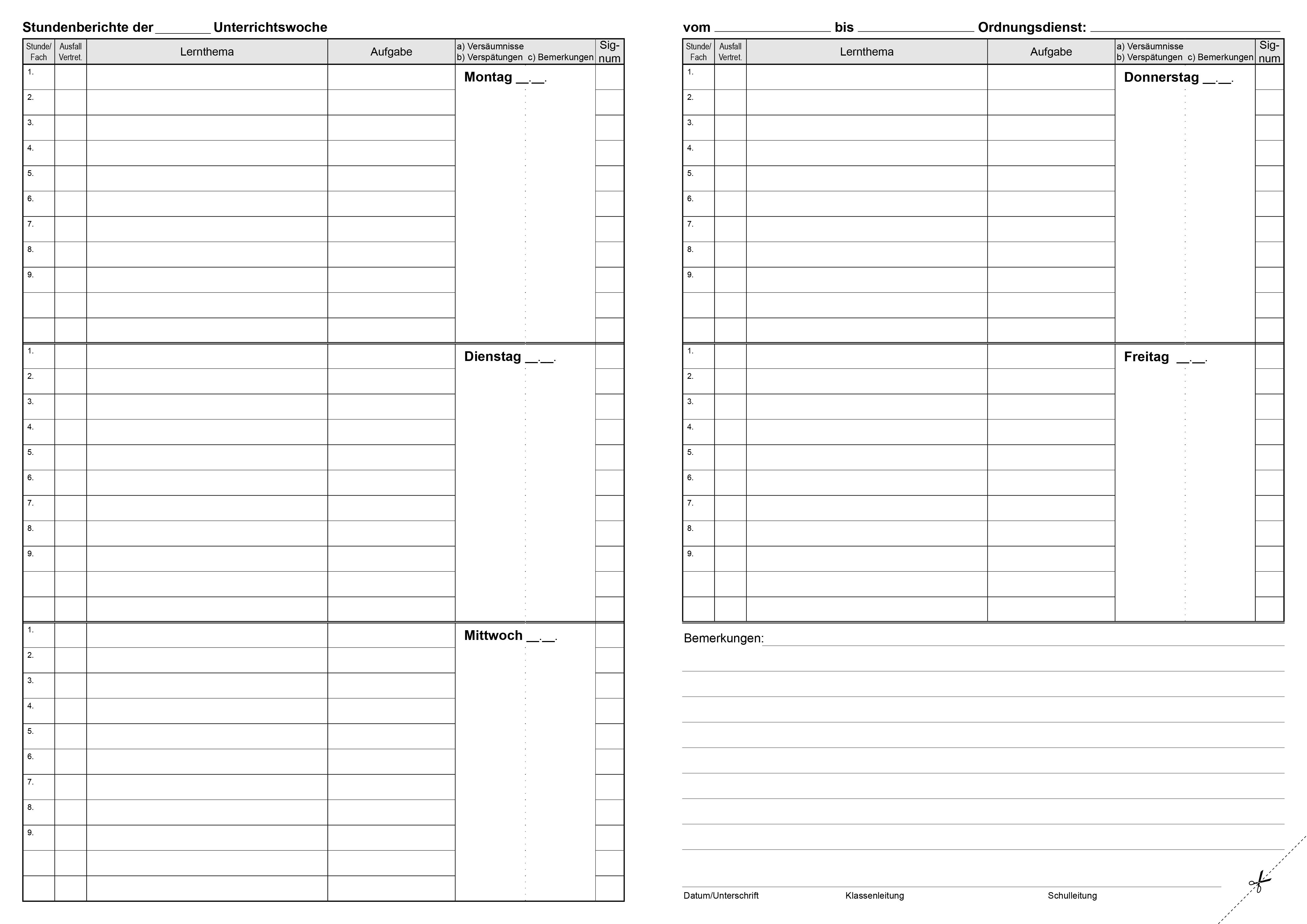Beispielinhalt (Bild) Klassenbuch "Standard", Umschlagfarbe: grün