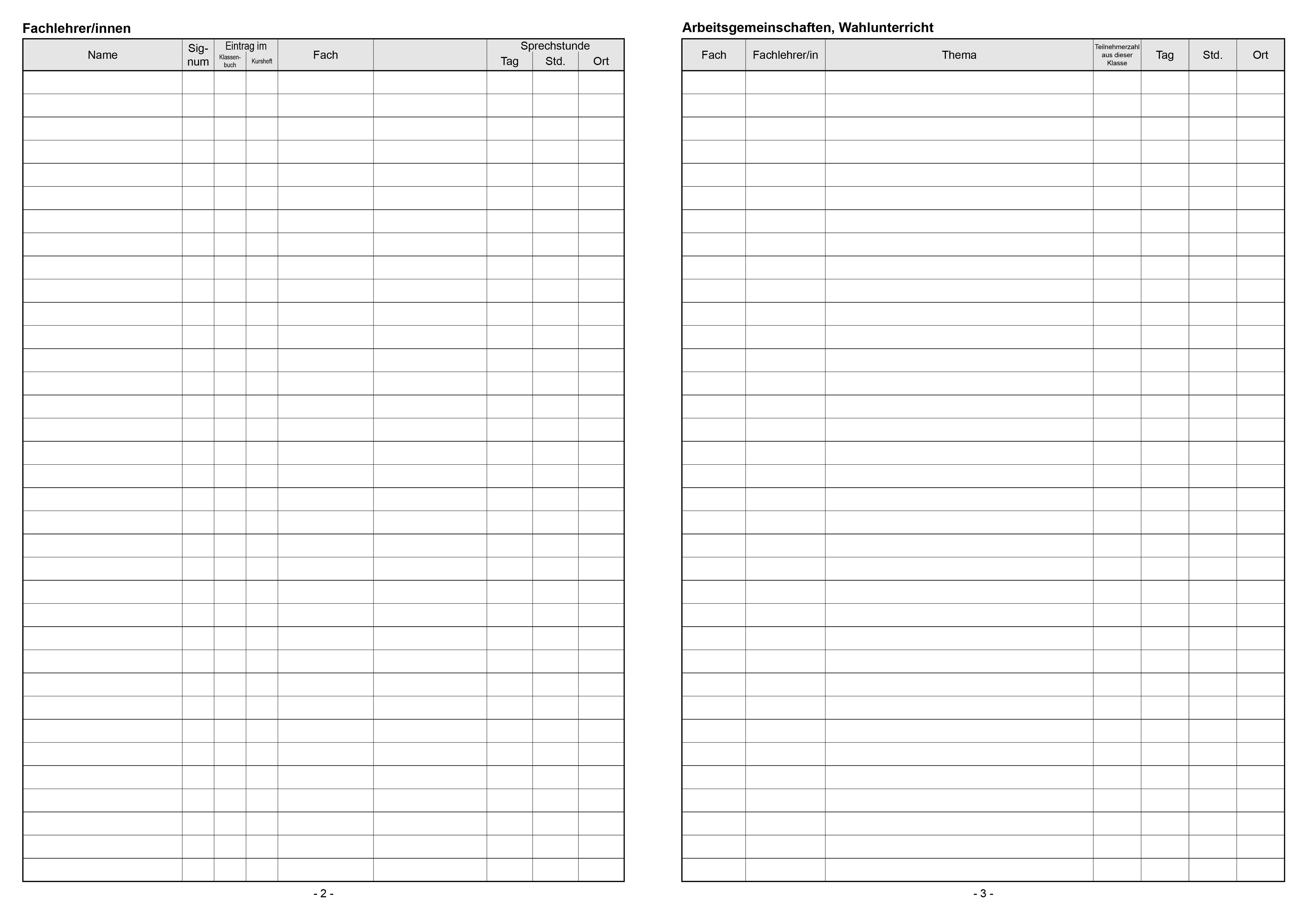 Beispielinhalt (Bild) Klassenbuch "Standard", Umschlagfarbe: grün