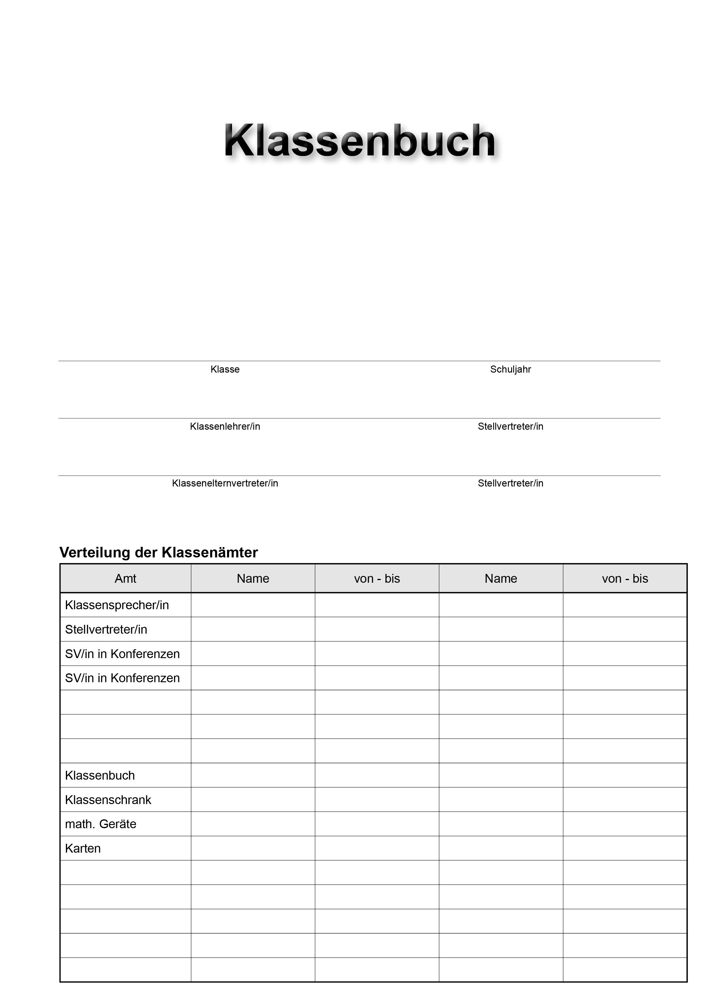 Beispielinhalt (Bild) Klassenbuch "Standard", Umschlagfarbe: gelb