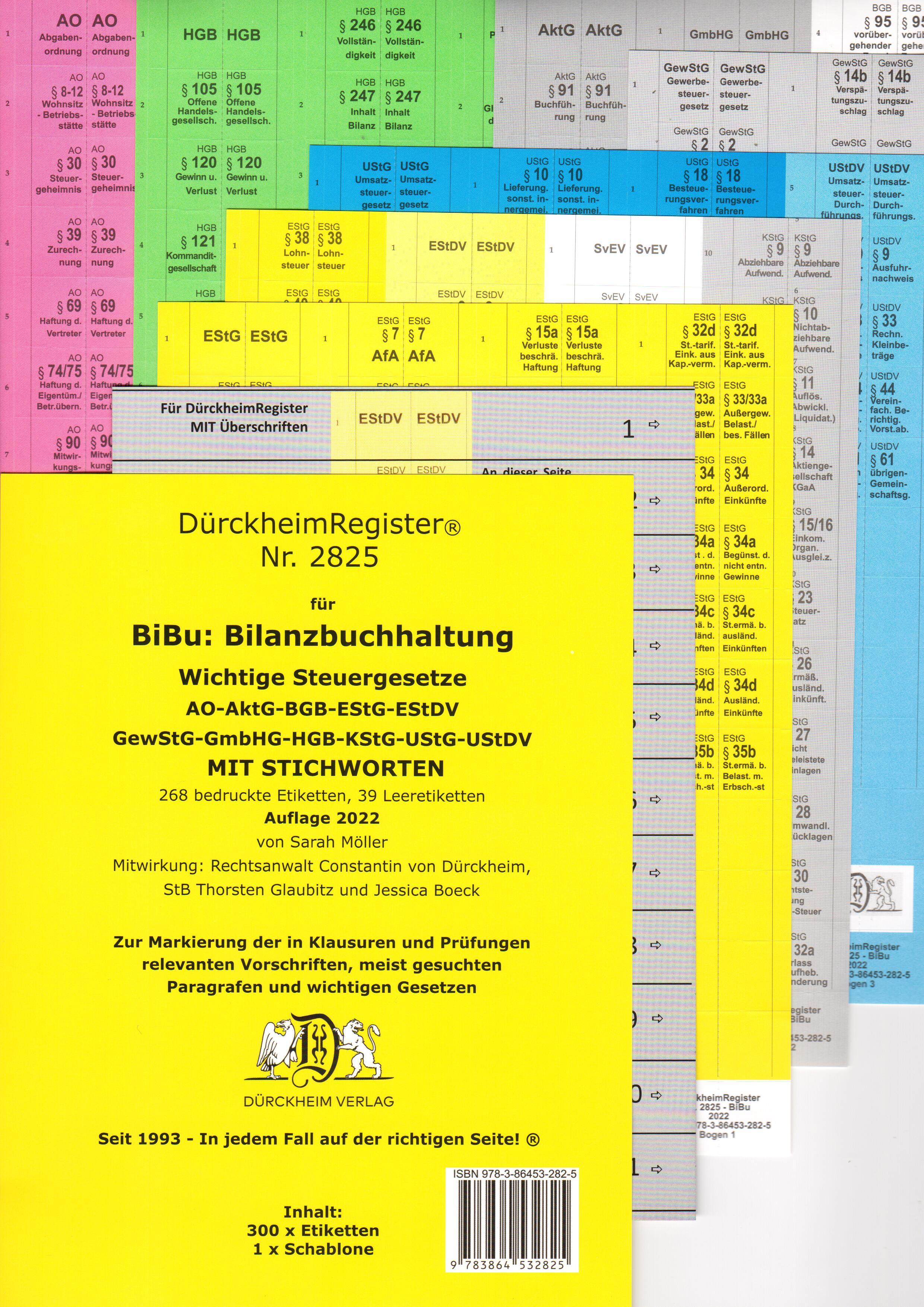 Vorderes Coverbild DürckheimRegister® 2825-BiBu- BilanzSteuerrecht - Wichtige Steuergesetze MIT STICHWORTEN für deine AO-AktG-BGB-EStG-EStDV-HGB-GewStG-GmbHG-KStG-UStG_UStDV