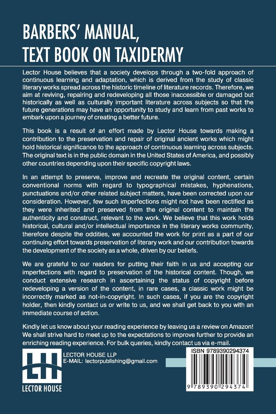 Rückseitencover Barbers' Manual, Text Book On Taxidermy