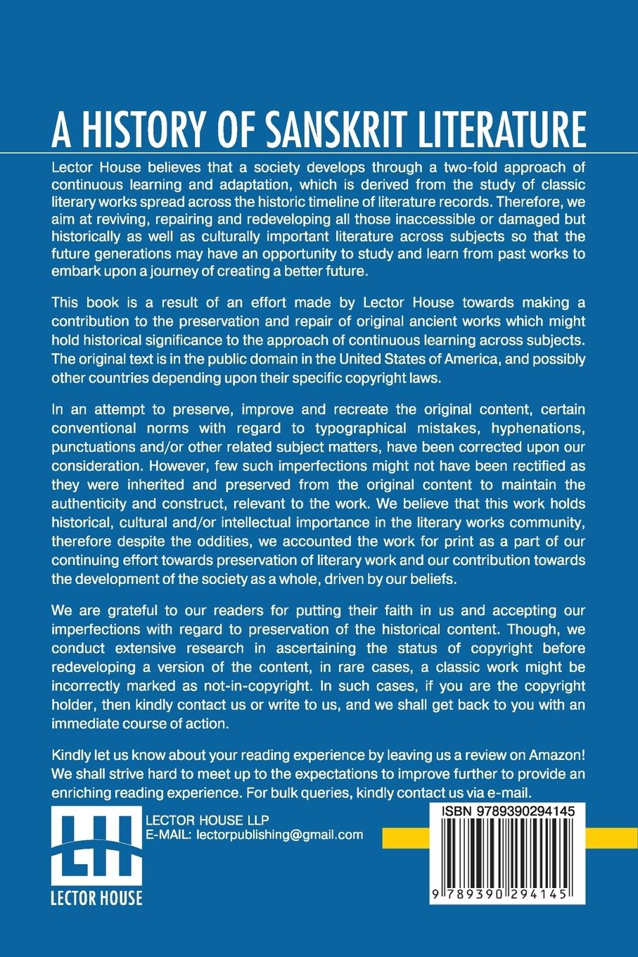 Rückseitencover A History Of Sanskrit Literature