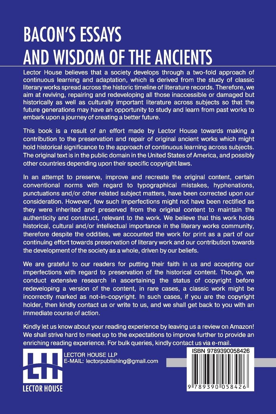 Rückseitencover Bacon's Essays And Wisdom Of The Ancients