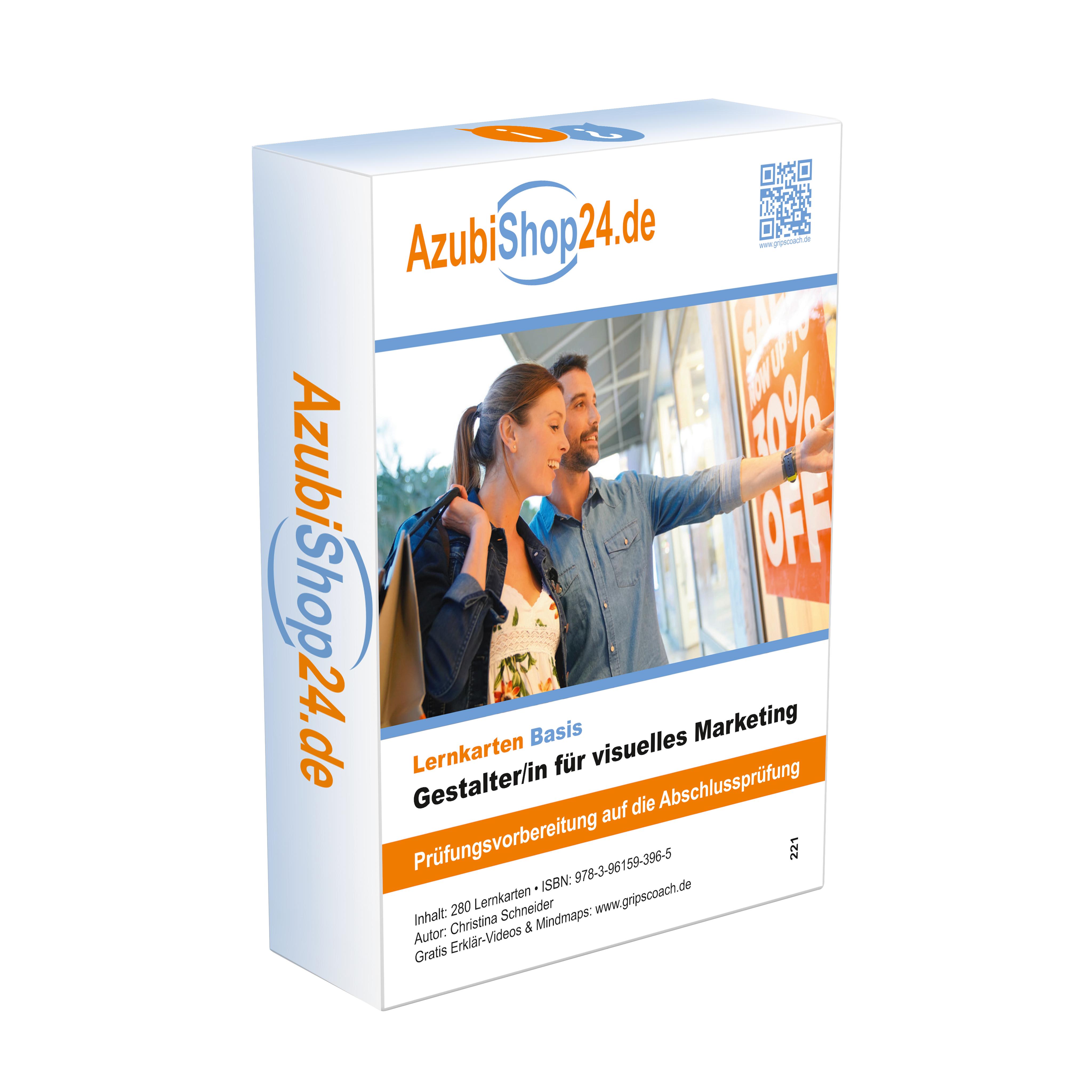 Vorderes Coverbild AzubiShop24.de Gestalter /in für visuelles Marketing Lernkarten Prüfungsvorbereitung.  Ausbildung