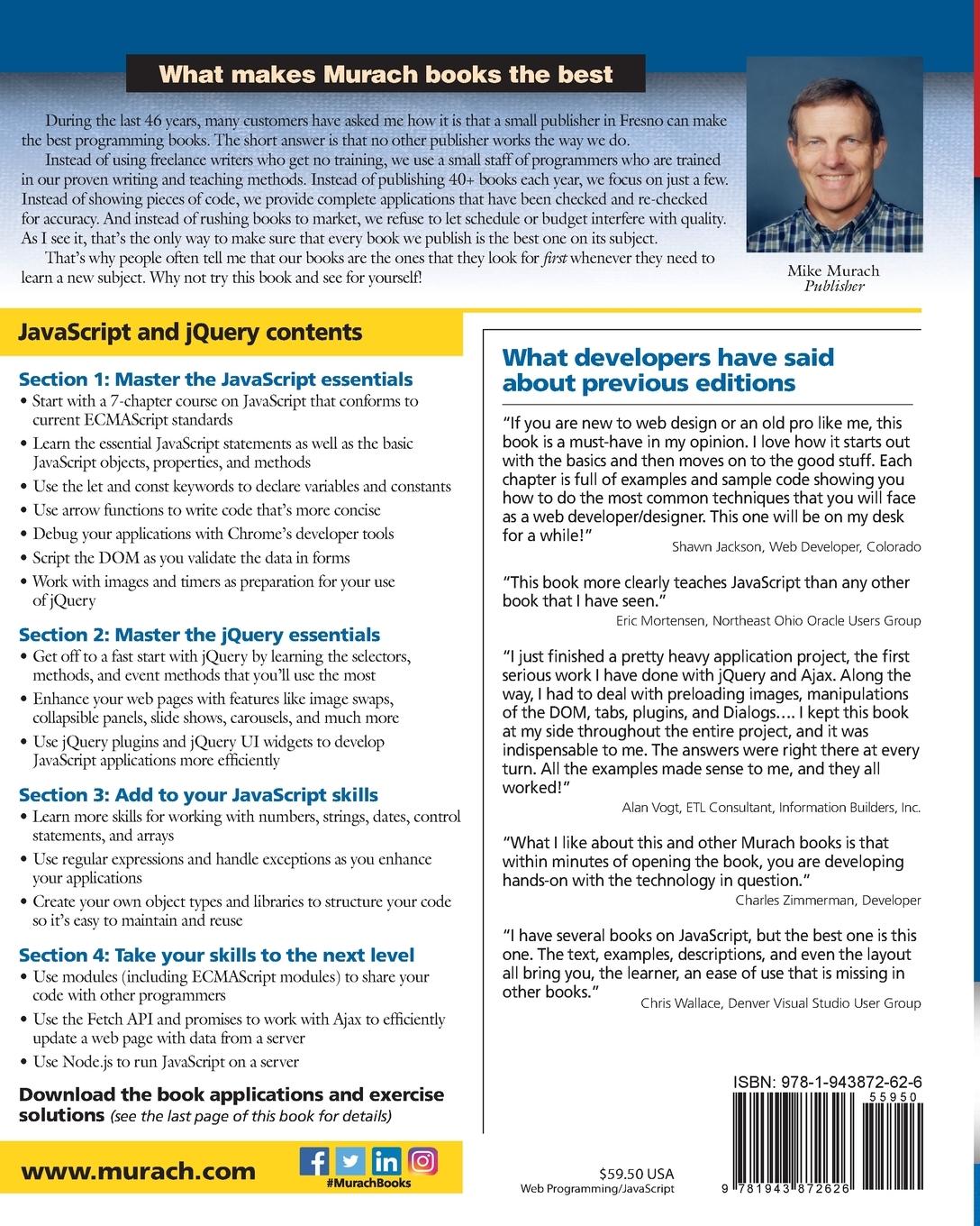 Rückseitencover Murach's JavaScript and Jquery (4th Edition)