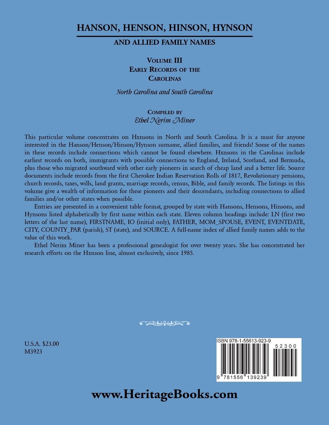 Rückseitencover Hanson, Henson, Hinson, Hynson, and Allied Family Names, Volume 3