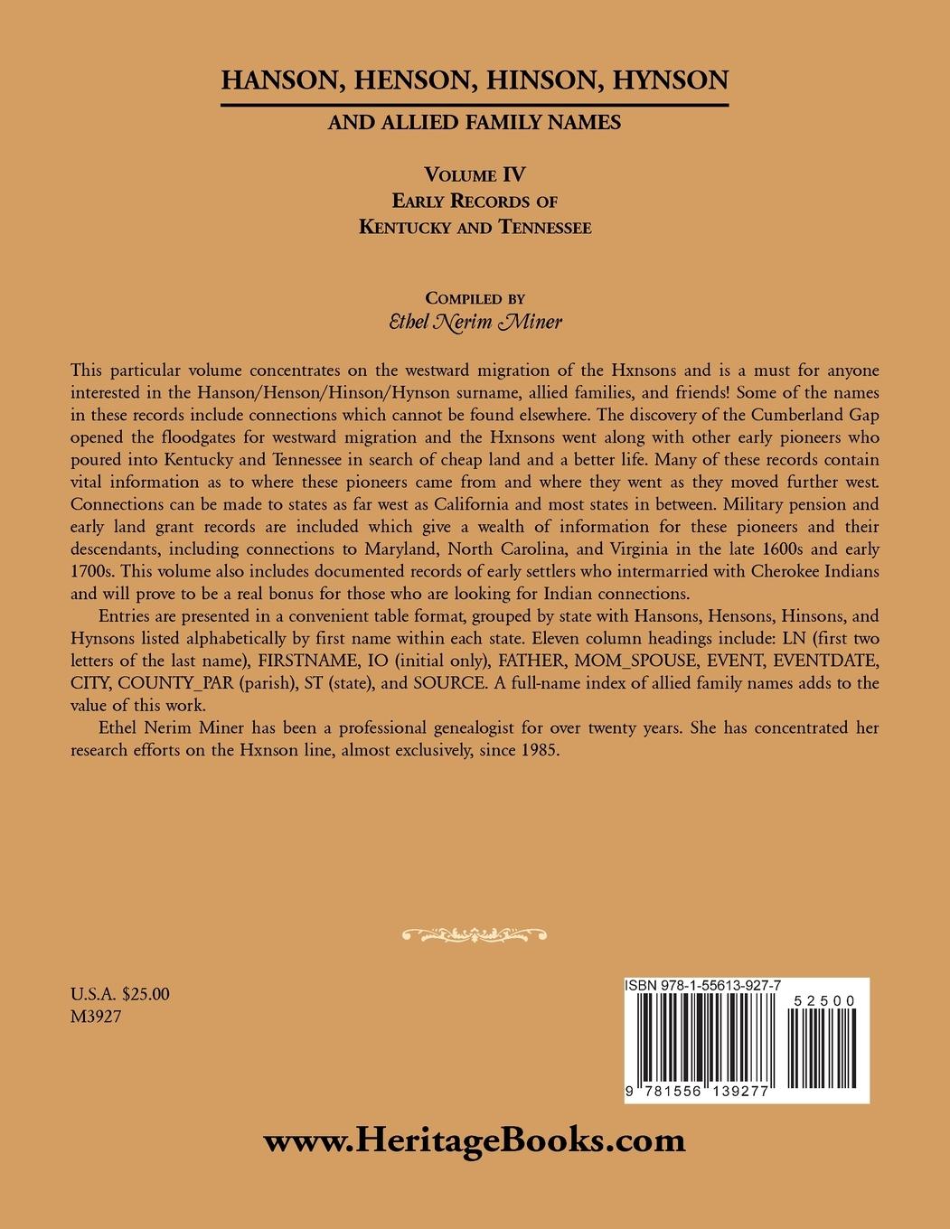 Rückseitencover Hanson, Henson, Hinson, Hynson, and Allied Family Names, Volume 4