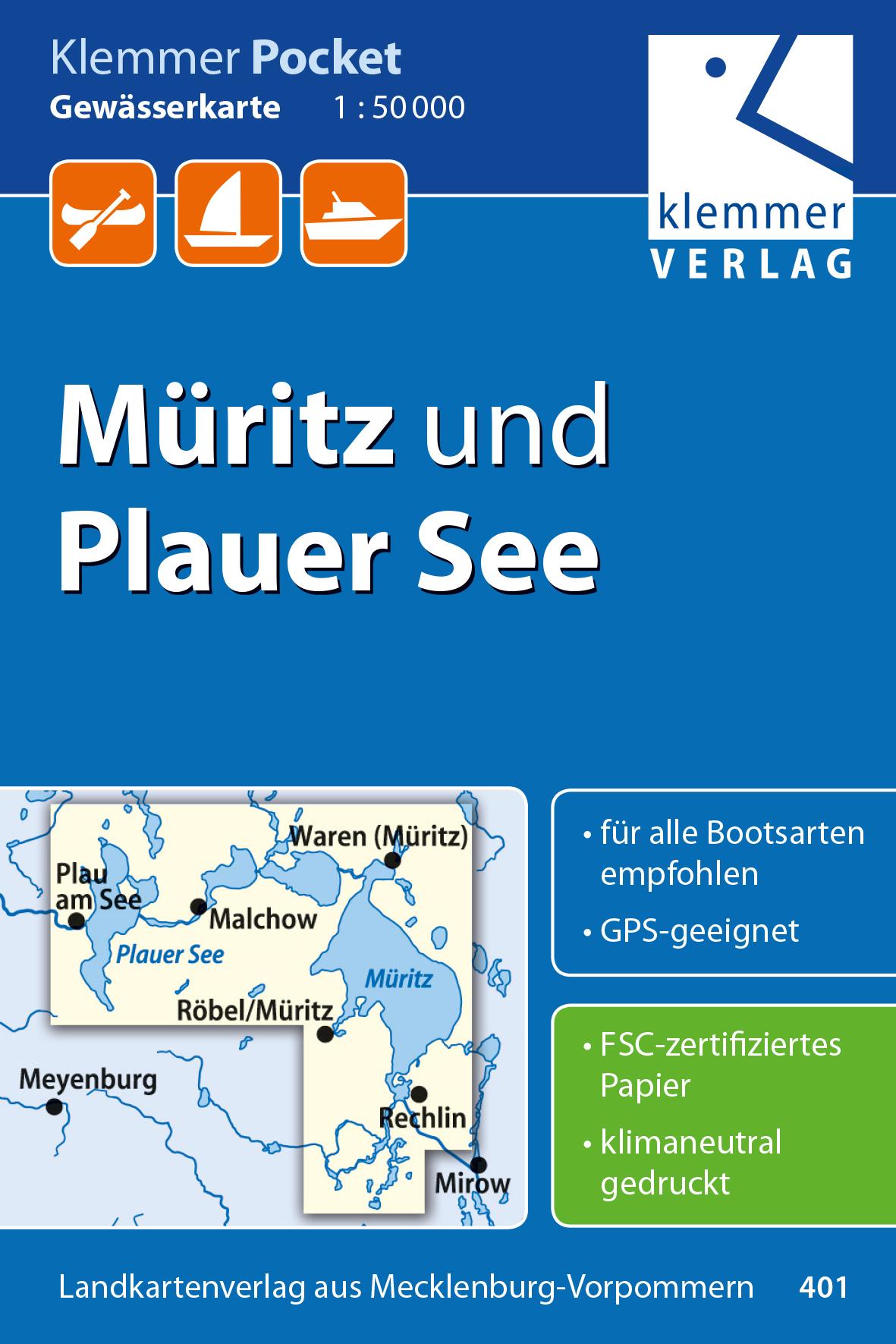 Vorderes Coverbild Klemmer Pocket Gewässerkarte Müritz und Plauer See 1:50.000