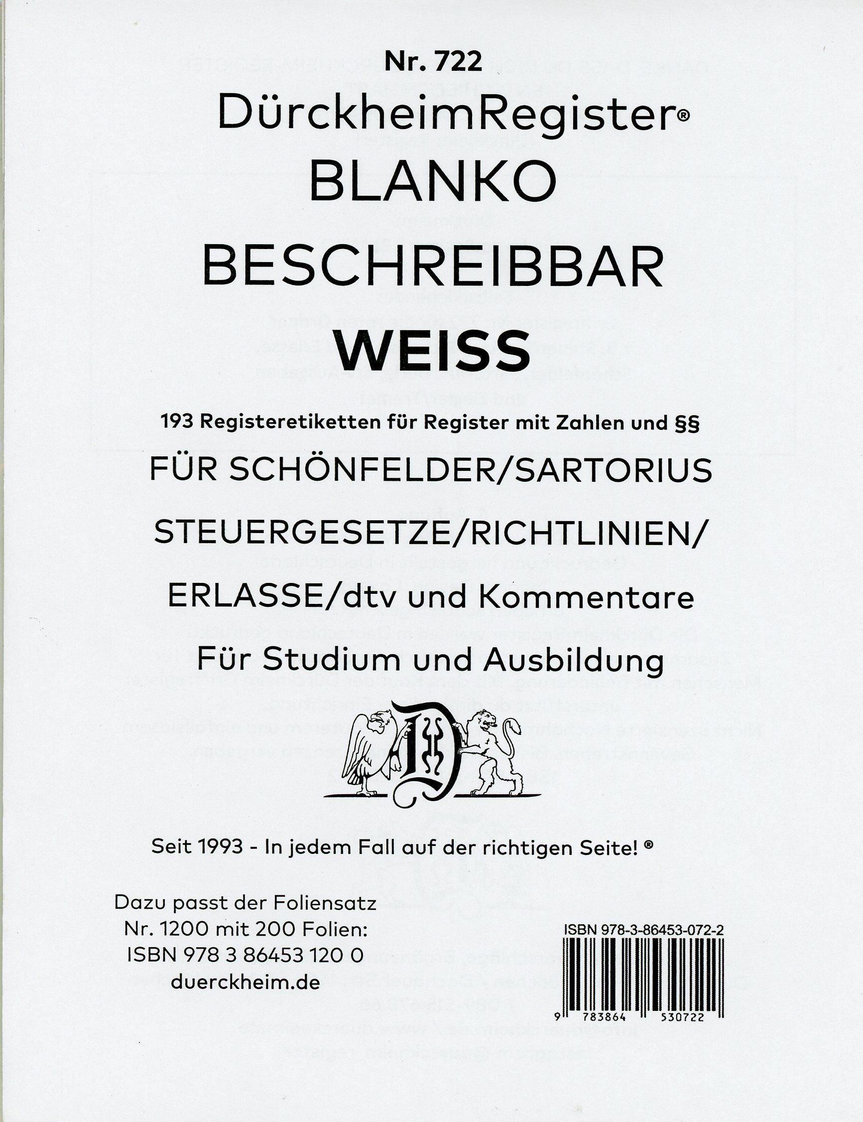 Vorderes Coverbild DürckheimRegister® BLANKO-WEISS beschreibbar für Gesetzessammlungen Nr. 722