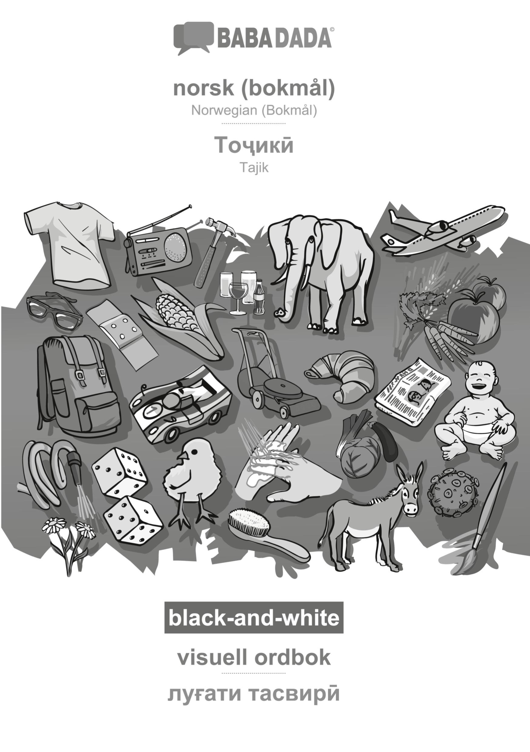 Vorderes Coverbild norsk (bokmål) - Tajik (in cyrillic script), visuell ordbok, BW