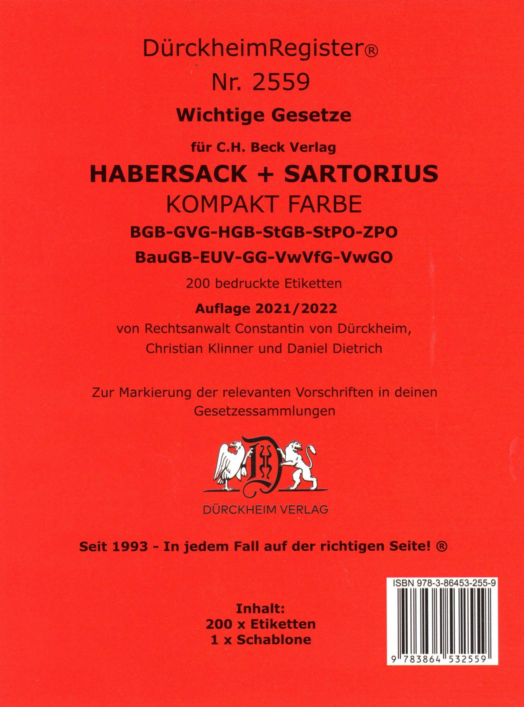 Vorderes Coverbild Griffregister Nr. 2559: HABERSACK- SARTORIUS - KOMPAKT 2021/2022