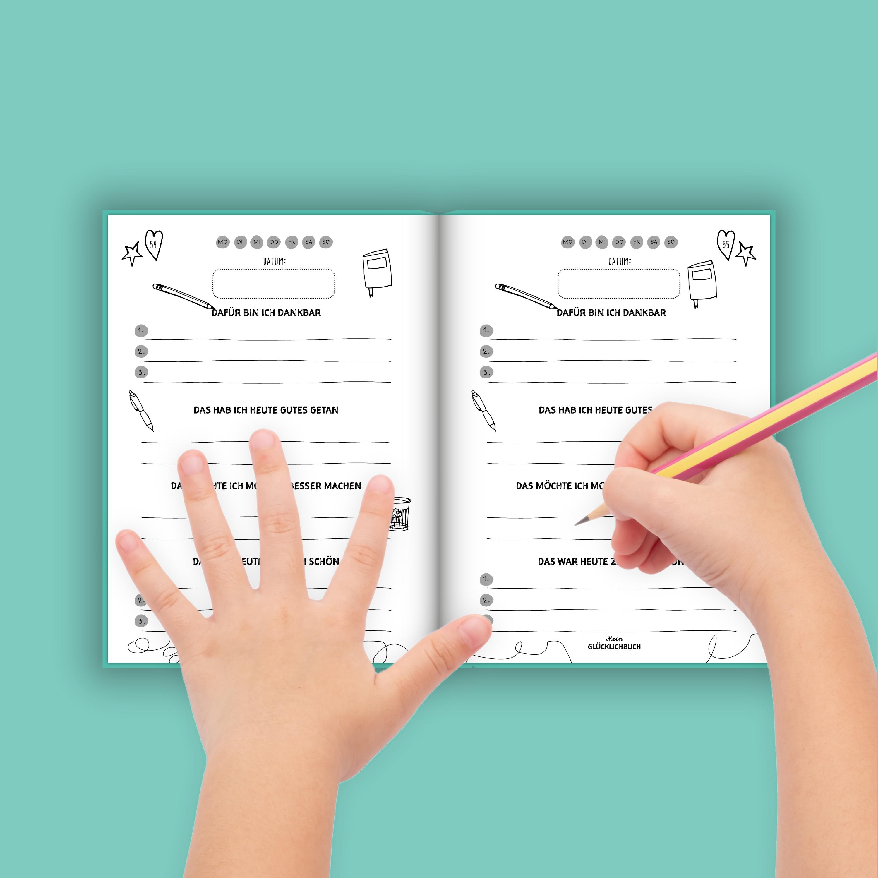 Beispielinhalt (Bild) Mein kleines Glücklichbuch | Dankbarkeitstagebuch für Kinder | 3 Minuten Tagebuch für Kinder