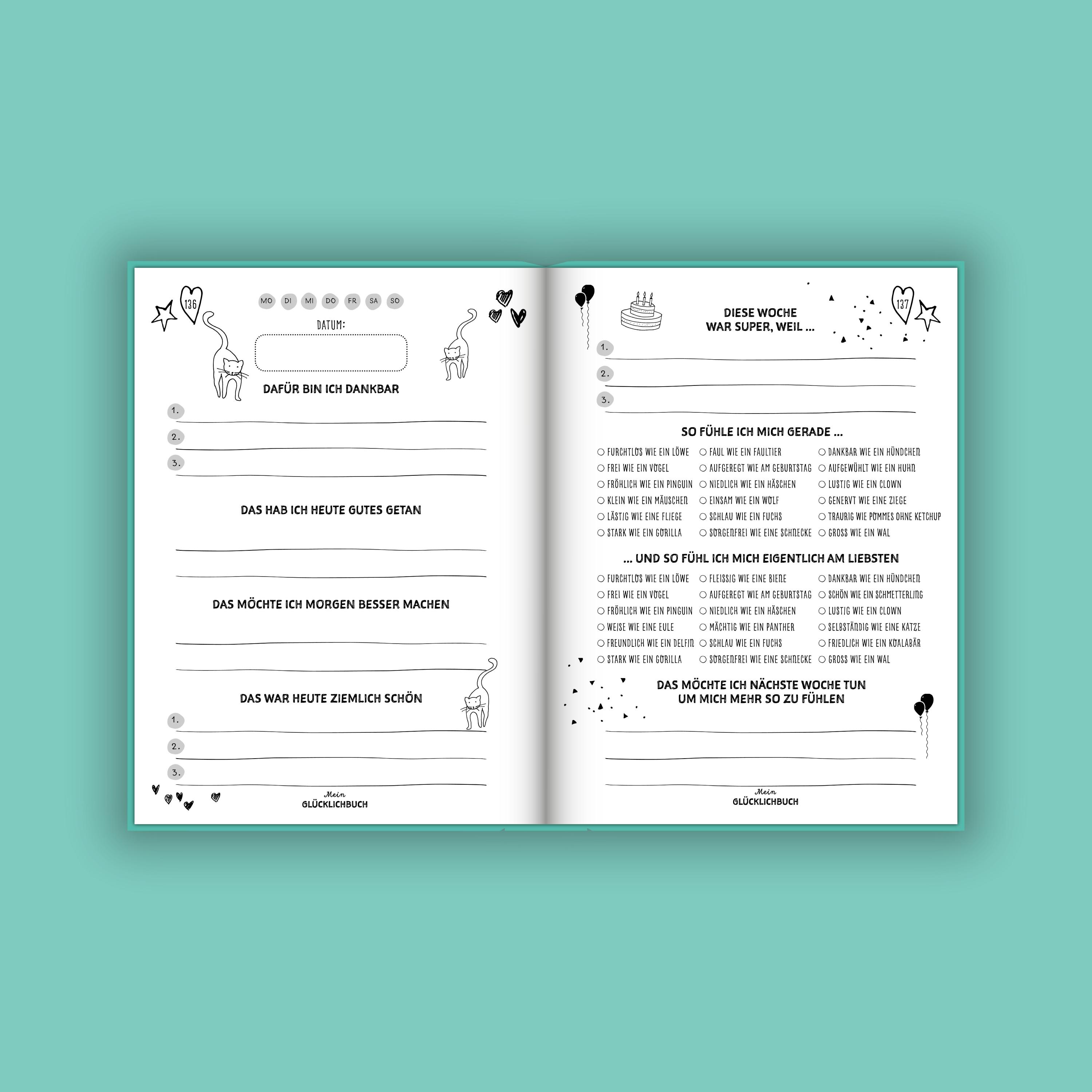 Beispielinhalt (Bild) Mein kleines Glücklichbuch | Dankbarkeitstagebuch für Kinder | 3 Minuten Tagebuch für Kinder