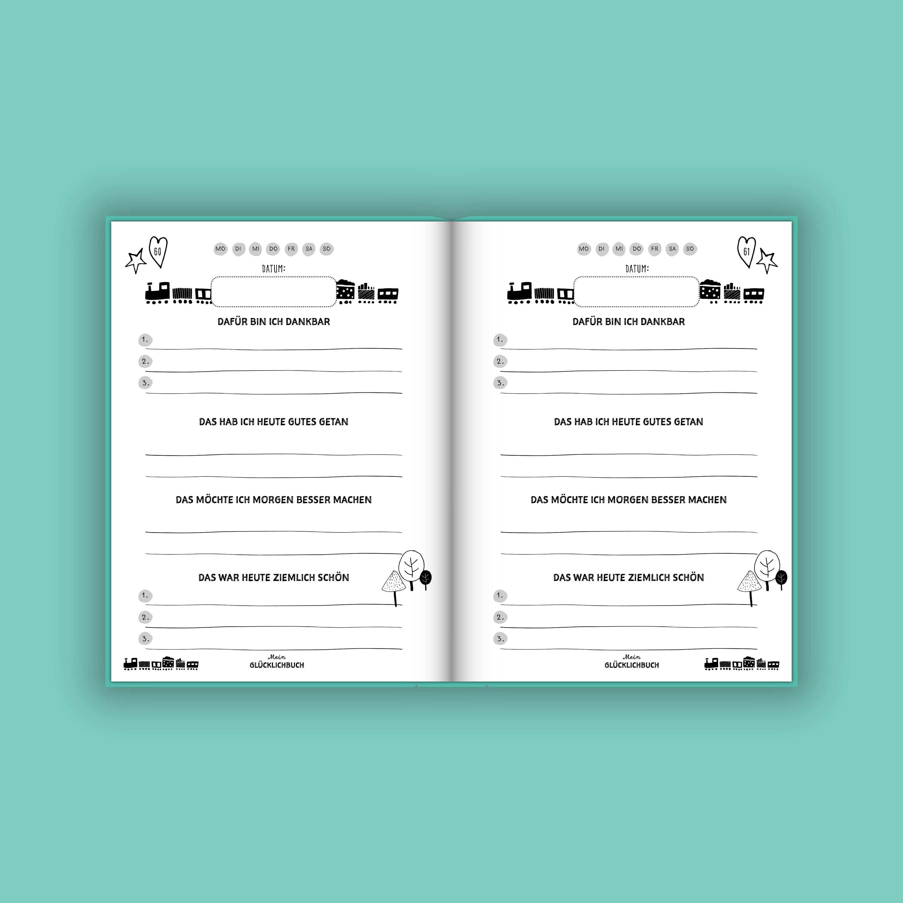 Beispielinhalt (Bild) Mein kleines Glücklichbuch | Dankbarkeitstagebuch für Kinder | 3 Minuten Tagebuch für Kinder