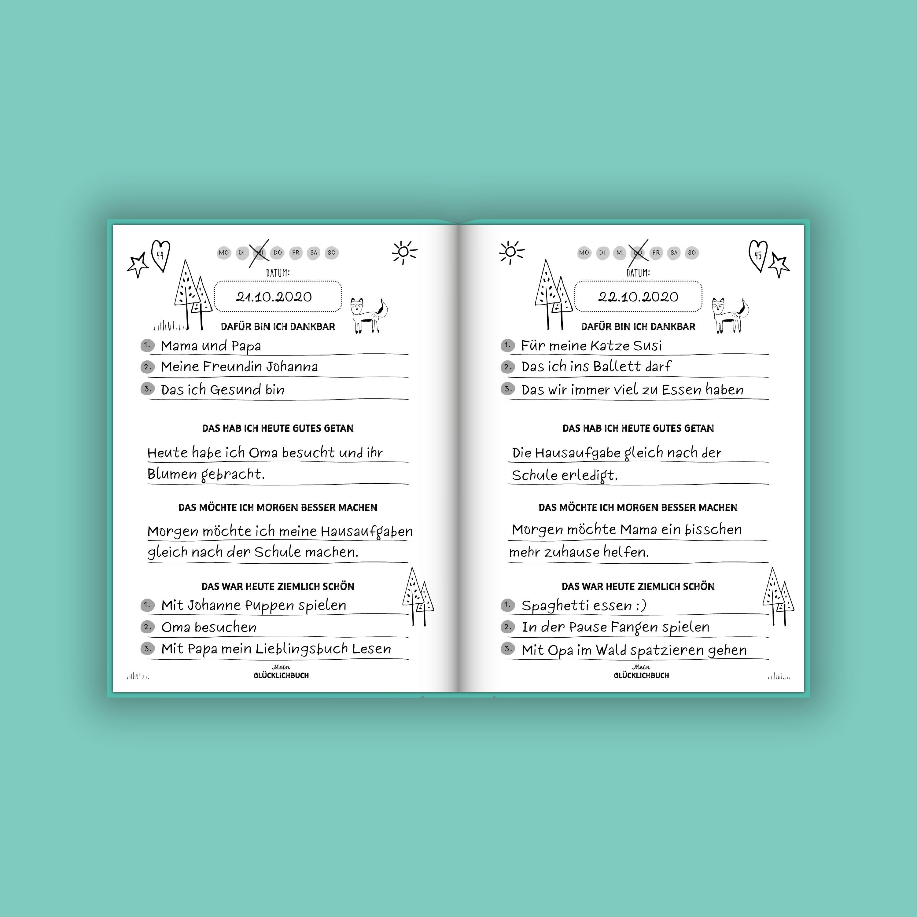 Beispielinhalt (Bild) Mein kleines Glücklichbuch | Dankbarkeitstagebuch für Kinder | 3 Minuten Tagebuch für Kinder