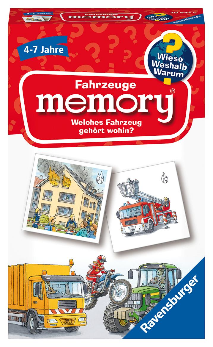 Vorderes Coverbild Ravensburger 20647 - Fahrzeuge memory® Wieso? Weshalb? Warum? der Spieleklassiker für 2-8 Spieler, Kinderspiel für alle Fahrzeug-Fans ab 4 bis 7 Jahren
