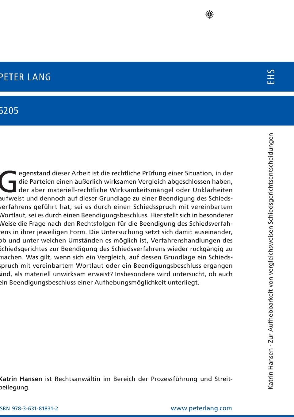 Rückseitencover Zur Aufhebbarkeit von Entscheidungen über die Beendigung eines Schiedsverfahrens als Folge eines Vergleiches