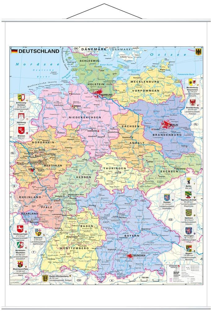 Vorderes Coverbild Deutschland politisch mit Wappen 1 : 700.000. Wandkarte mit Metallbeleistung