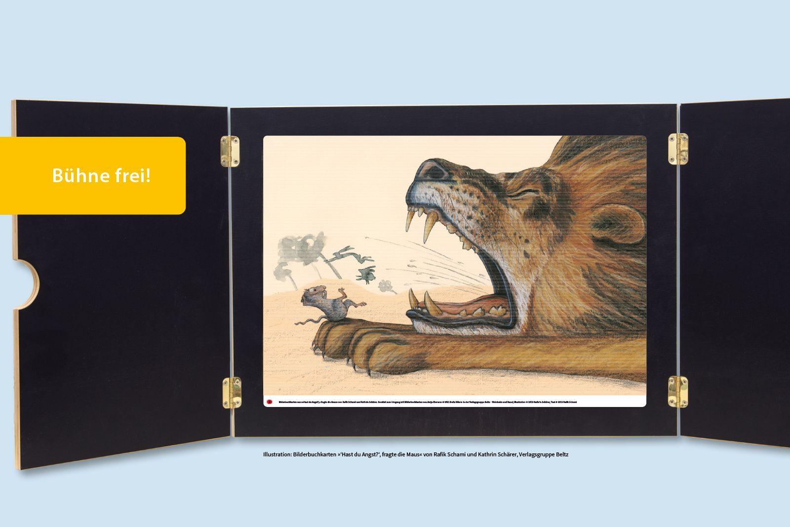 Beispielinhalt (Bild) Bilderbuchkarten »Hast du Angst?«, fragte die Maus« von Rafik Schami und Kathrin Schärer