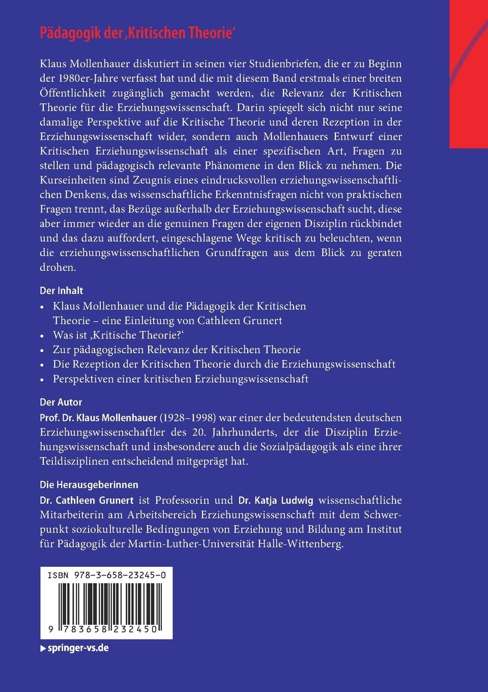 Rückseitencover Pädagogik der 'Kritischen Theorie'