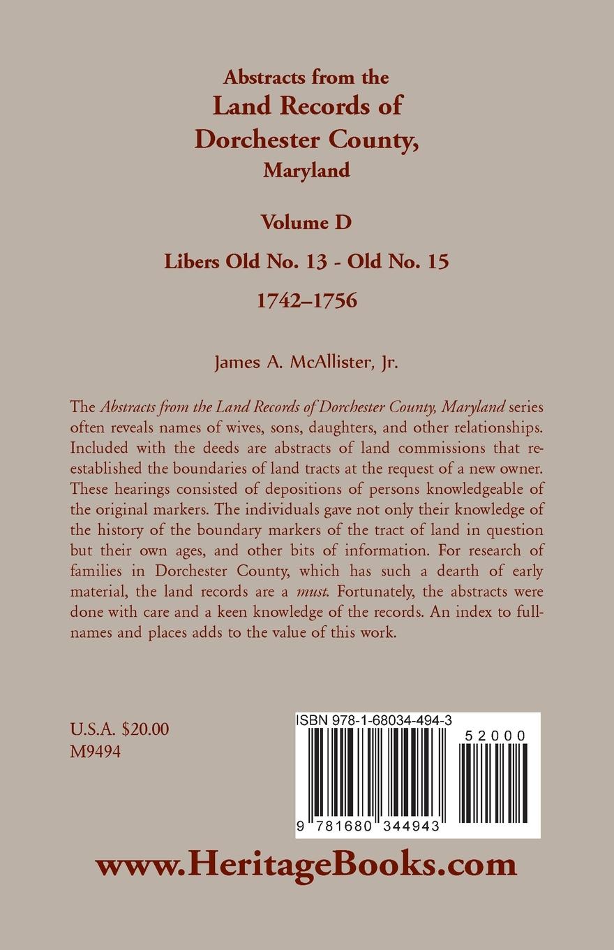 Rückseitencover Abstracts from the Land Records of Dorchester County, Maryland, Volume D