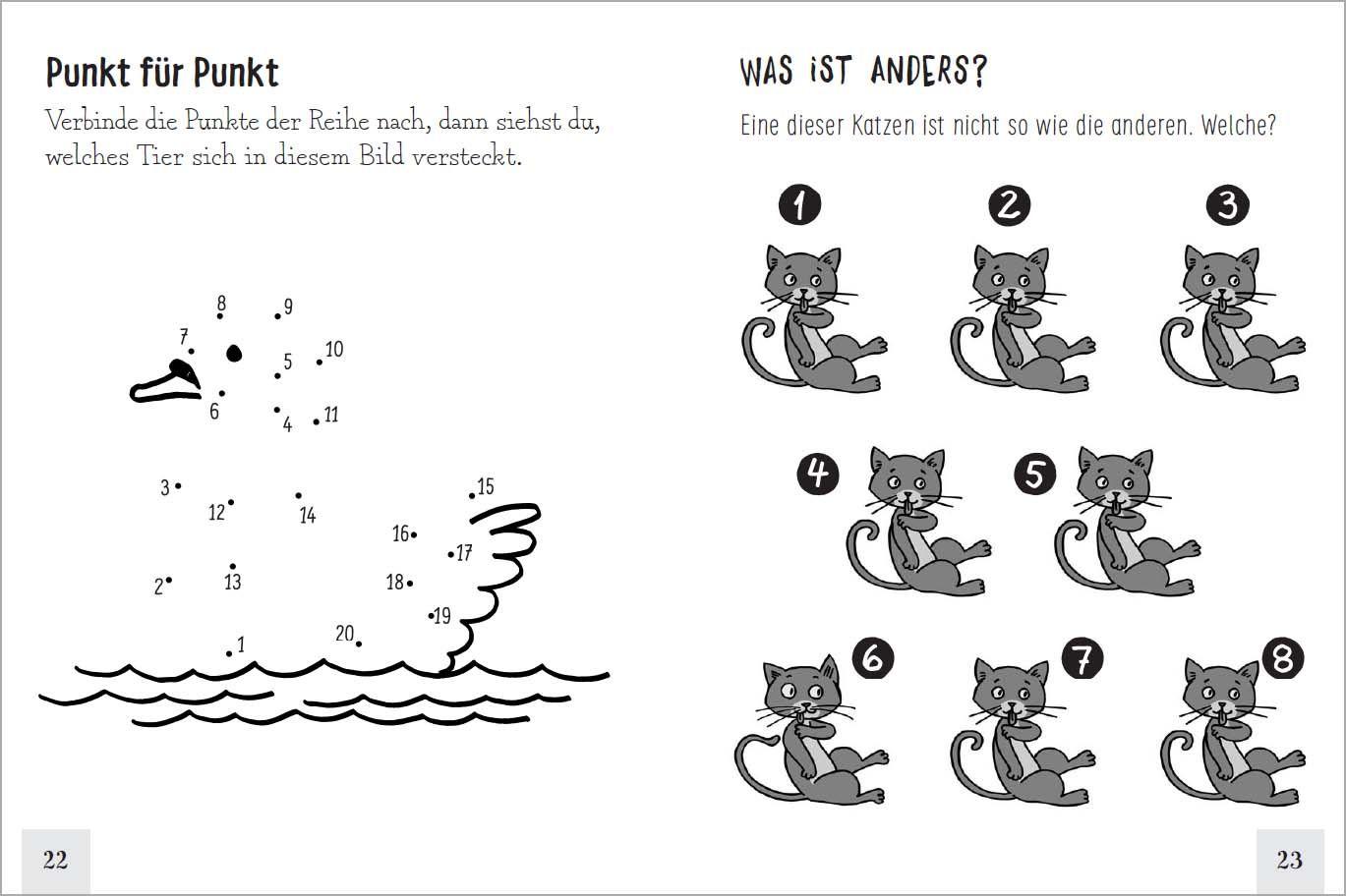 Beispielinhalt (Bild) Mein starker Rätsel-Spaß. Über 200 Rätsel für Kinder ab 5 Jahren. Von Punkt zu Punkt, Bilderrätsel, Suchbilder, Labyrinthe, Ausmalbilder u.v.m.