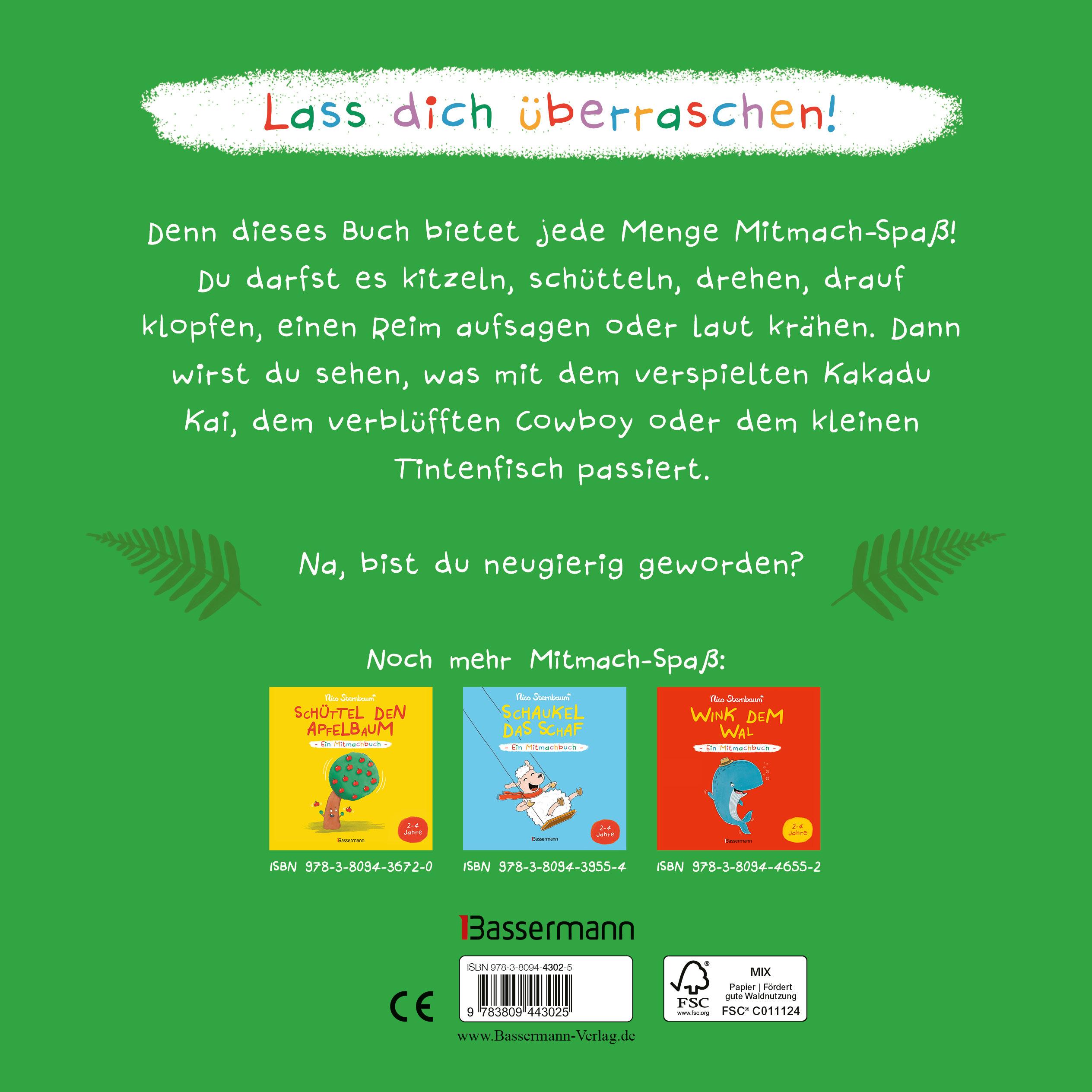 Beispielinhalt (Bild) Kitzel den Kakadu - Ein Mitmachbuch zum Schütteln, Schaukeln, Pusten, Klopfen und sehen, was dann passiert. Von 2 bis 4 Jahren. Vom Bestsellerautoren (Schüttel den Apfelbaum)