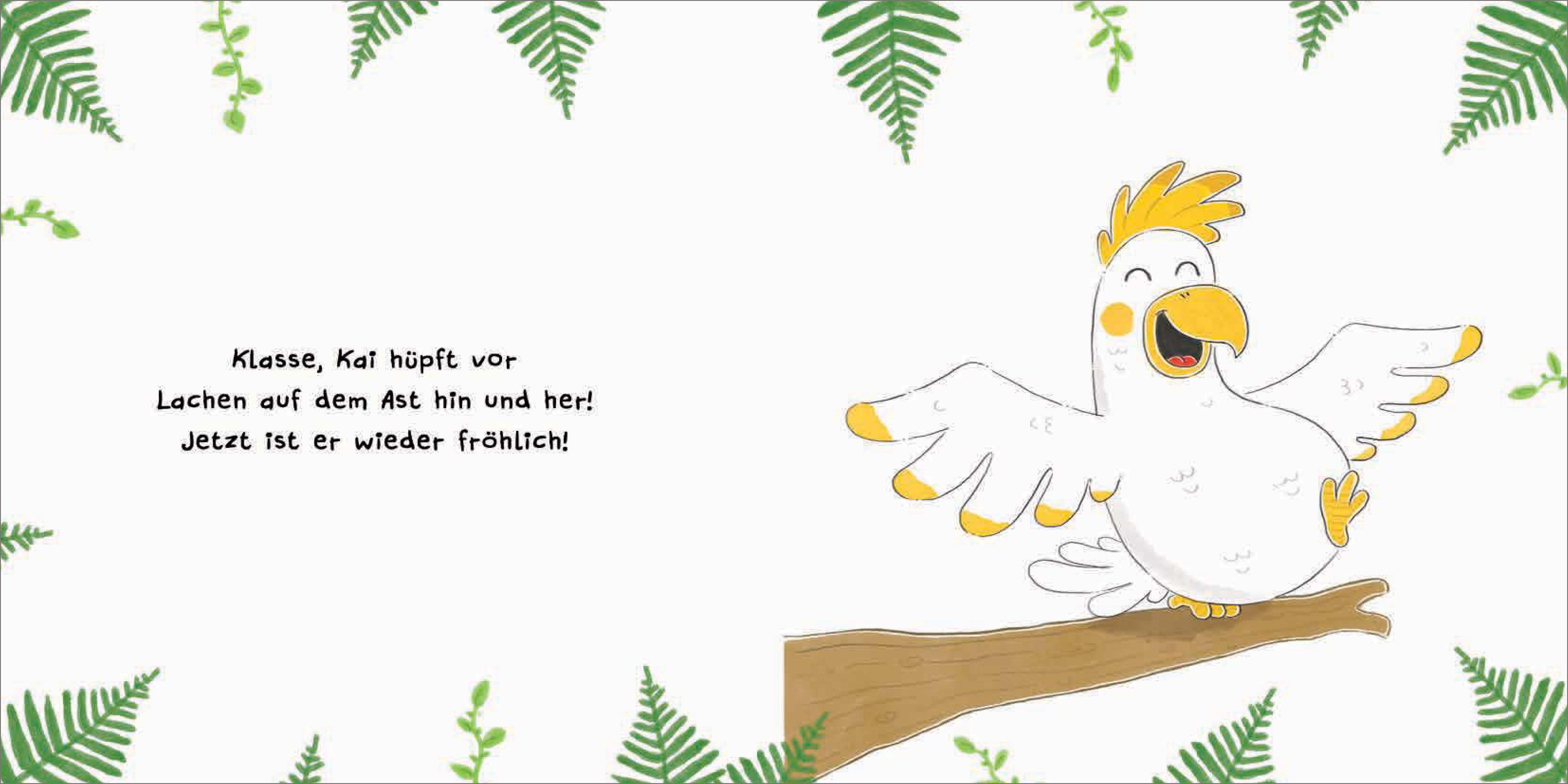 Beispielinhalt (Bild) Kitzel den Kakadu - Ein Mitmachbuch zum Schütteln, Schaukeln, Pusten, Klopfen und sehen, was dann passiert. Von 2 bis 4 Jahren. Vom Bestsellerautoren (Schüttel den Apfelbaum)