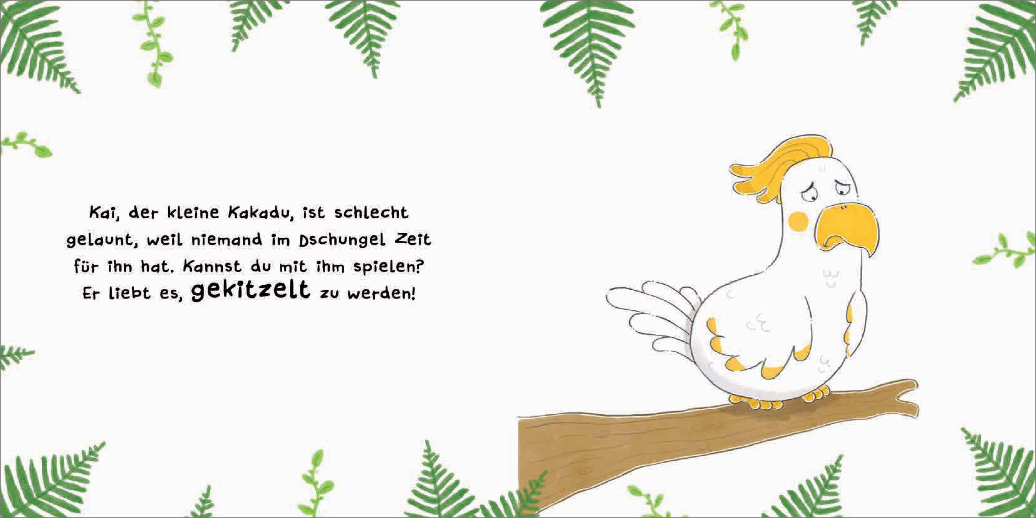 Beispielinhalt (Bild) Kitzel den Kakadu - Ein Mitmachbuch zum Schütteln, Schaukeln, Pusten, Klopfen und sehen, was dann passiert. Von 2 bis 4 Jahren. Vom Bestsellerautoren (Schüttel den Apfelbaum)