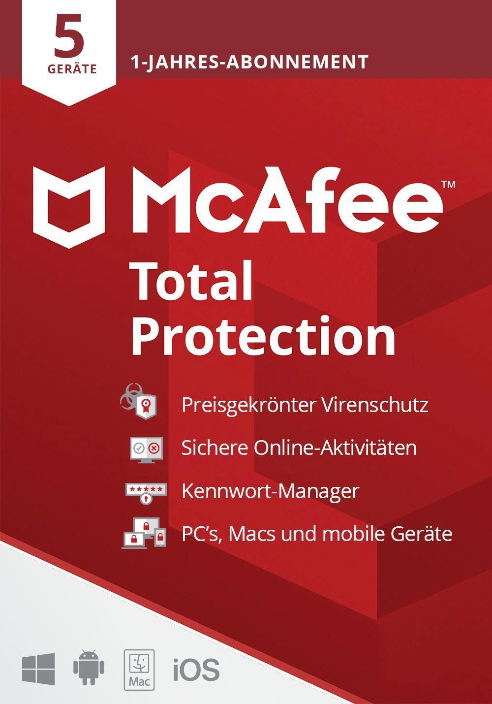 Vorderes Coverbild McAfee Total Protection 5 Geräte 2021 (Code in a Box). Für Windows//MAC/Android/iOs