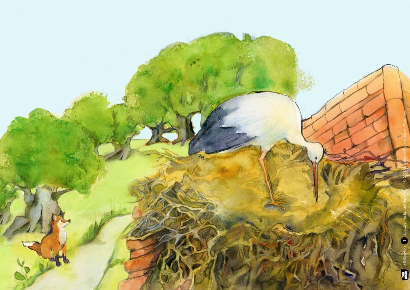 Beispielinhalt (Bild) Der Fuchs und der Storch. Eine Fabel von Äsop. Kamishibai Bildkartenset.