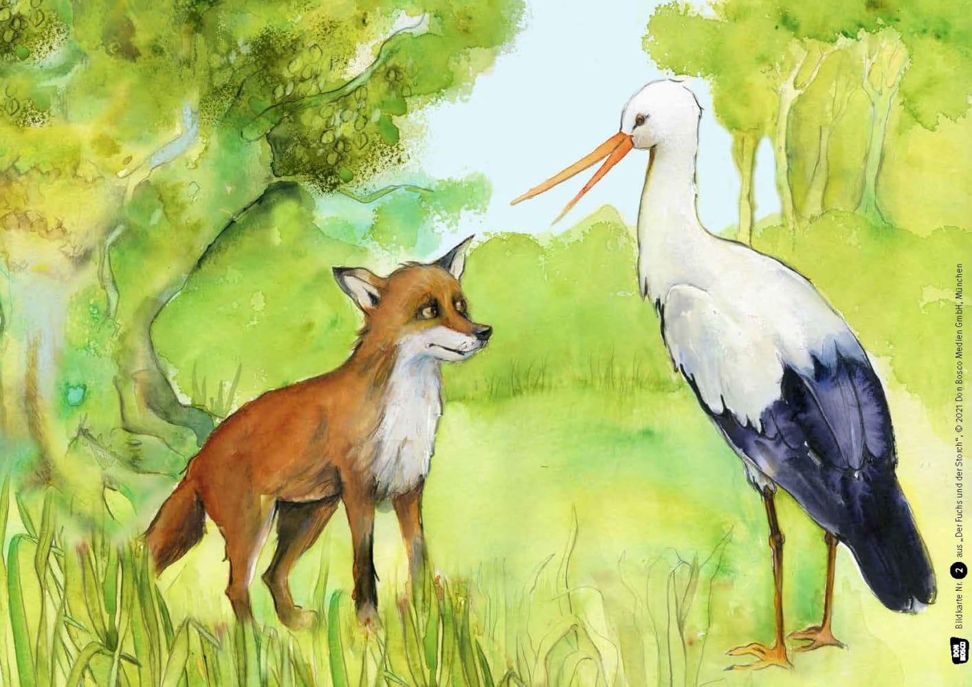 Beispielinhalt (Bild) Der Fuchs und der Storch. Eine Fabel von Äsop. Kamishibai Bildkartenset.
