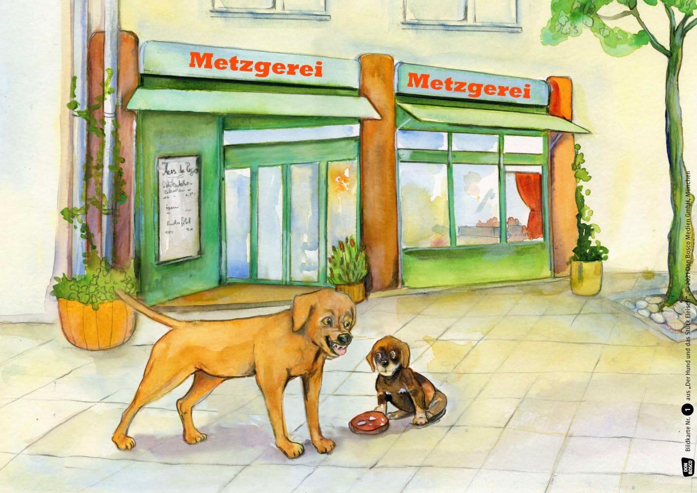 Beispielinhalt (Bild) Der Hund und das Stück Fleisch. Eine Fabel von Äsop. Kamishibai Bildkartenset.