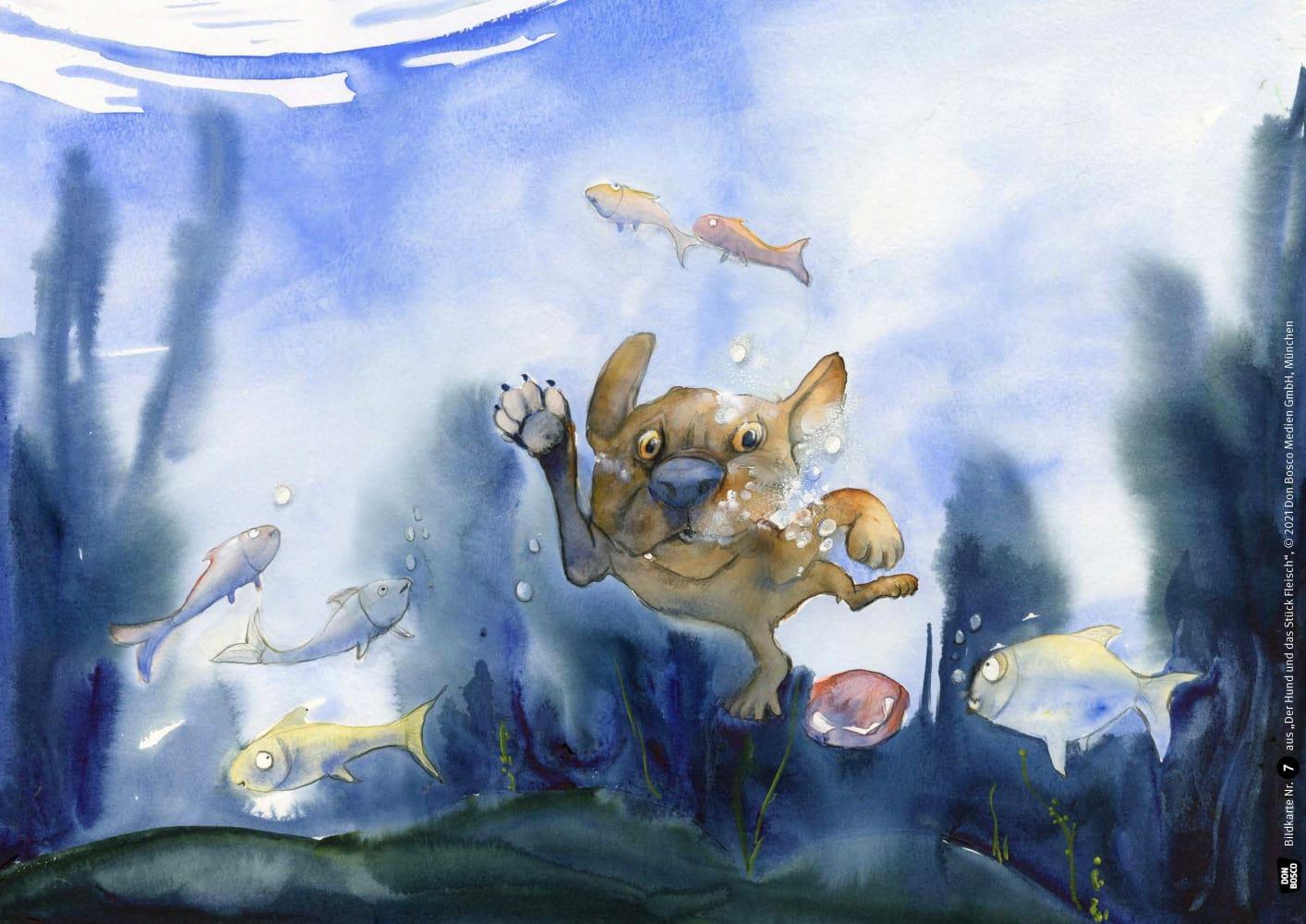 Beispielinhalt (Bild) Der Hund und das Stück Fleisch. Eine Fabel von Äsop. Kamishibai Bildkartenset.